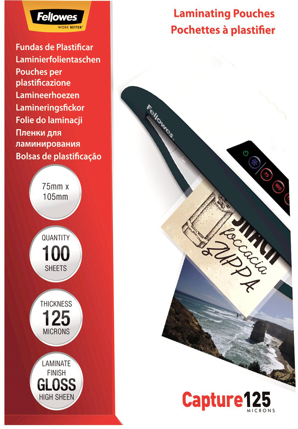 Fellowes Laminierfolien 75 × 105 mm – 125 µm, glänzend, 100 Stück