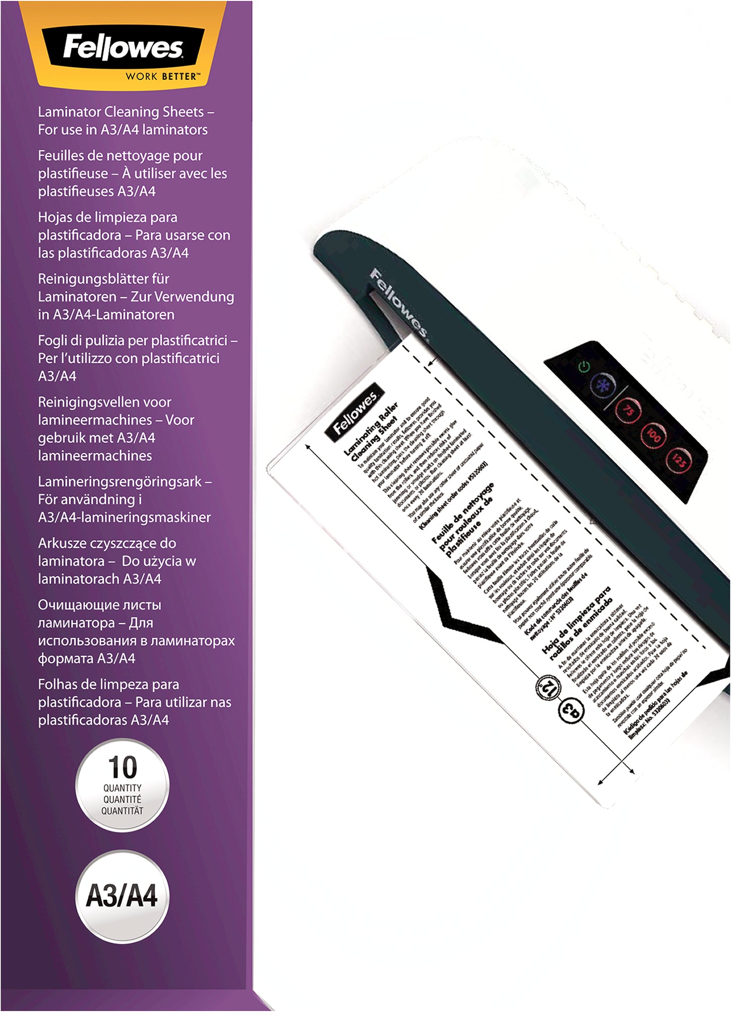 Fellowes Reinigungsblätter A4 – Reinigungskarton, Papier, 10 Stück, Weiss