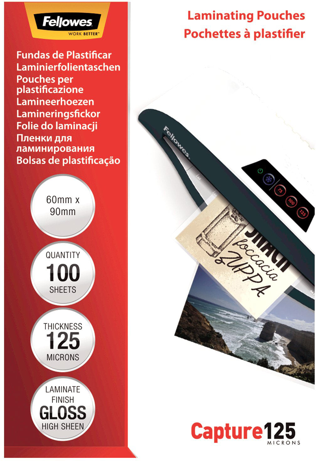 Fellowes Laminierfolien 60 × 90 mm – 125 µm, glänzend, 100 Stück