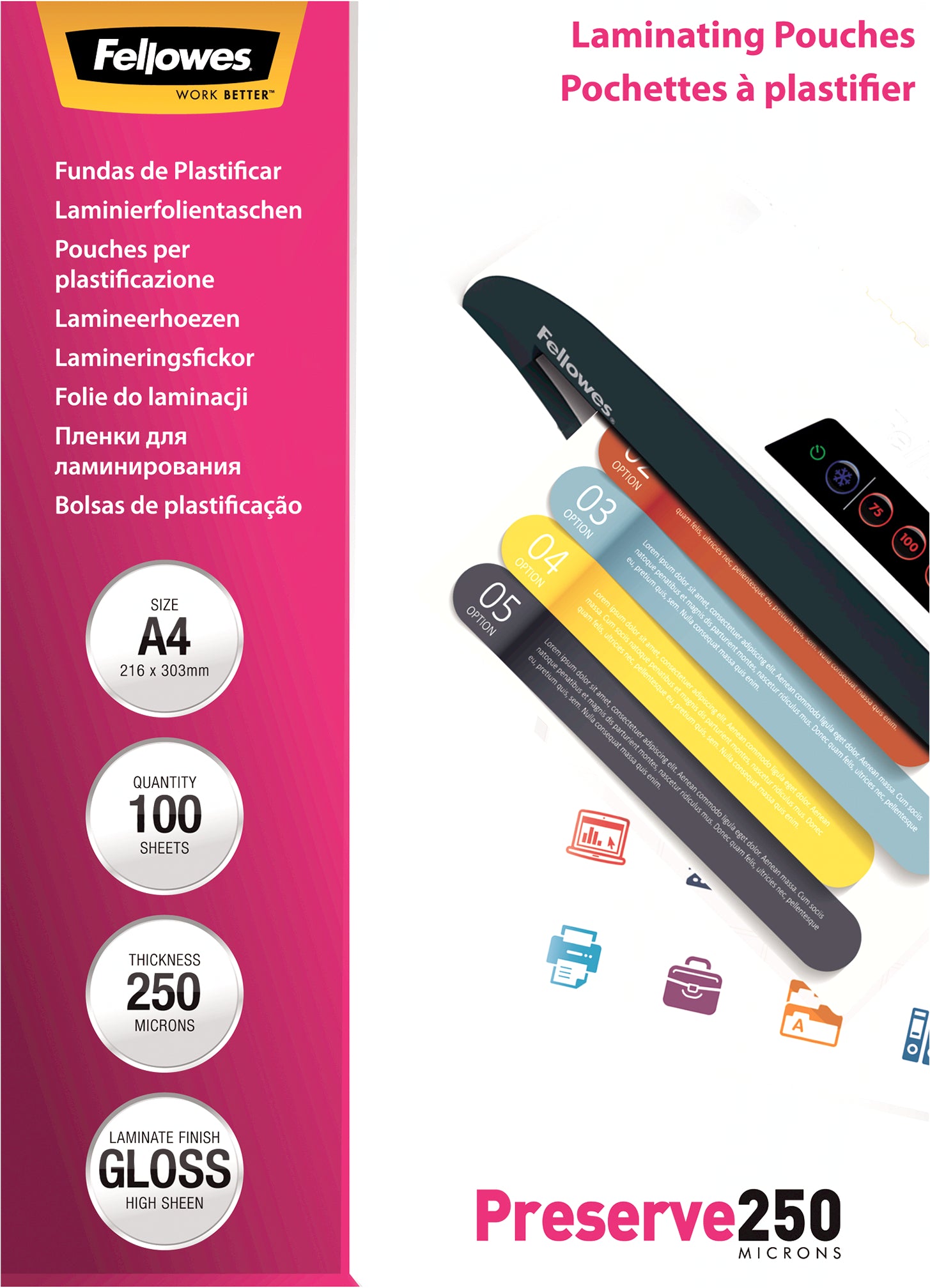 Fellowes Laminierfolien A4 – 250 µm, glänzend, 100 Stück