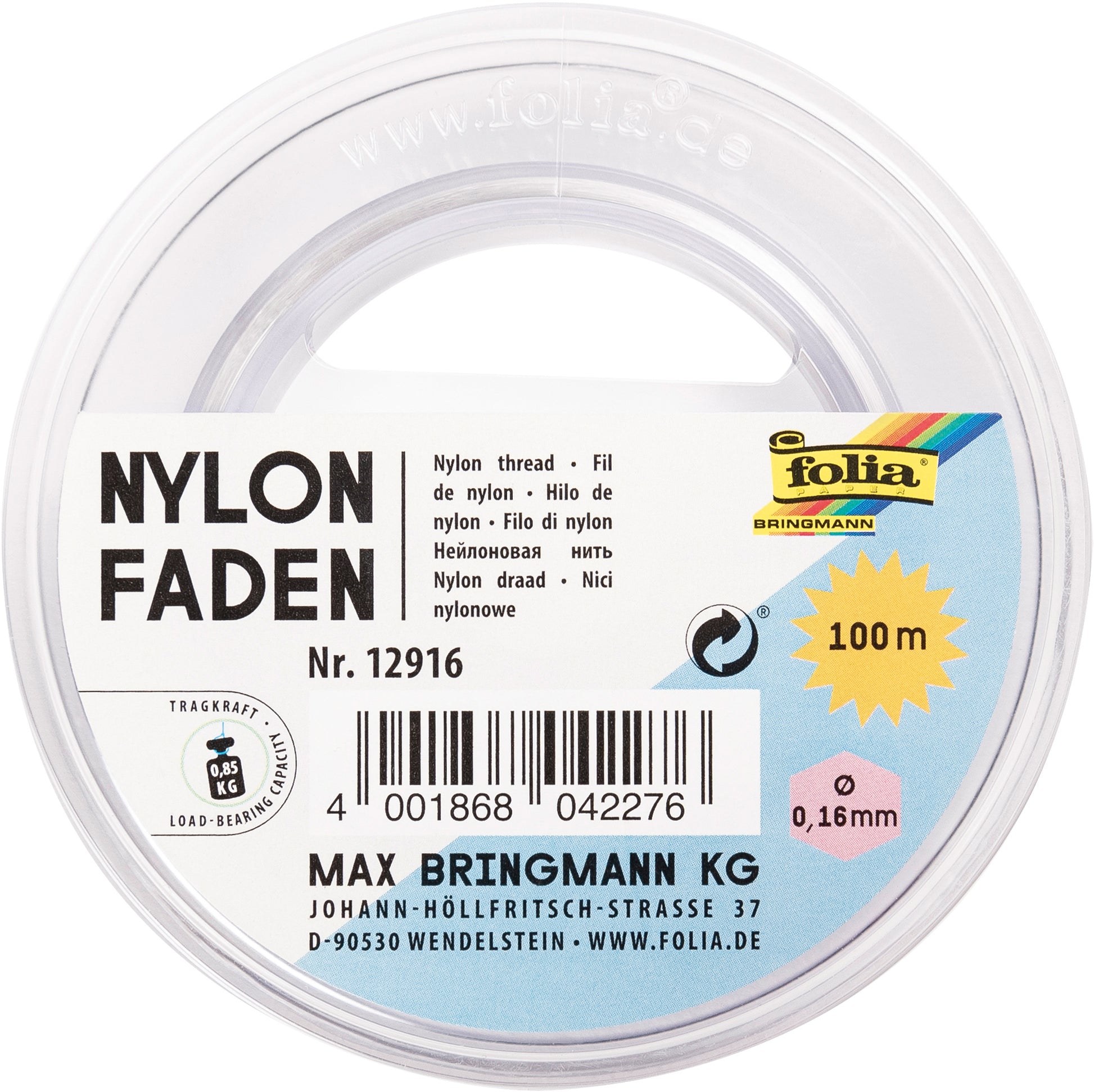 Folia Nylonfaden – 0,16 mm, 100 m, Nylon, Transparent, zum Handnähen