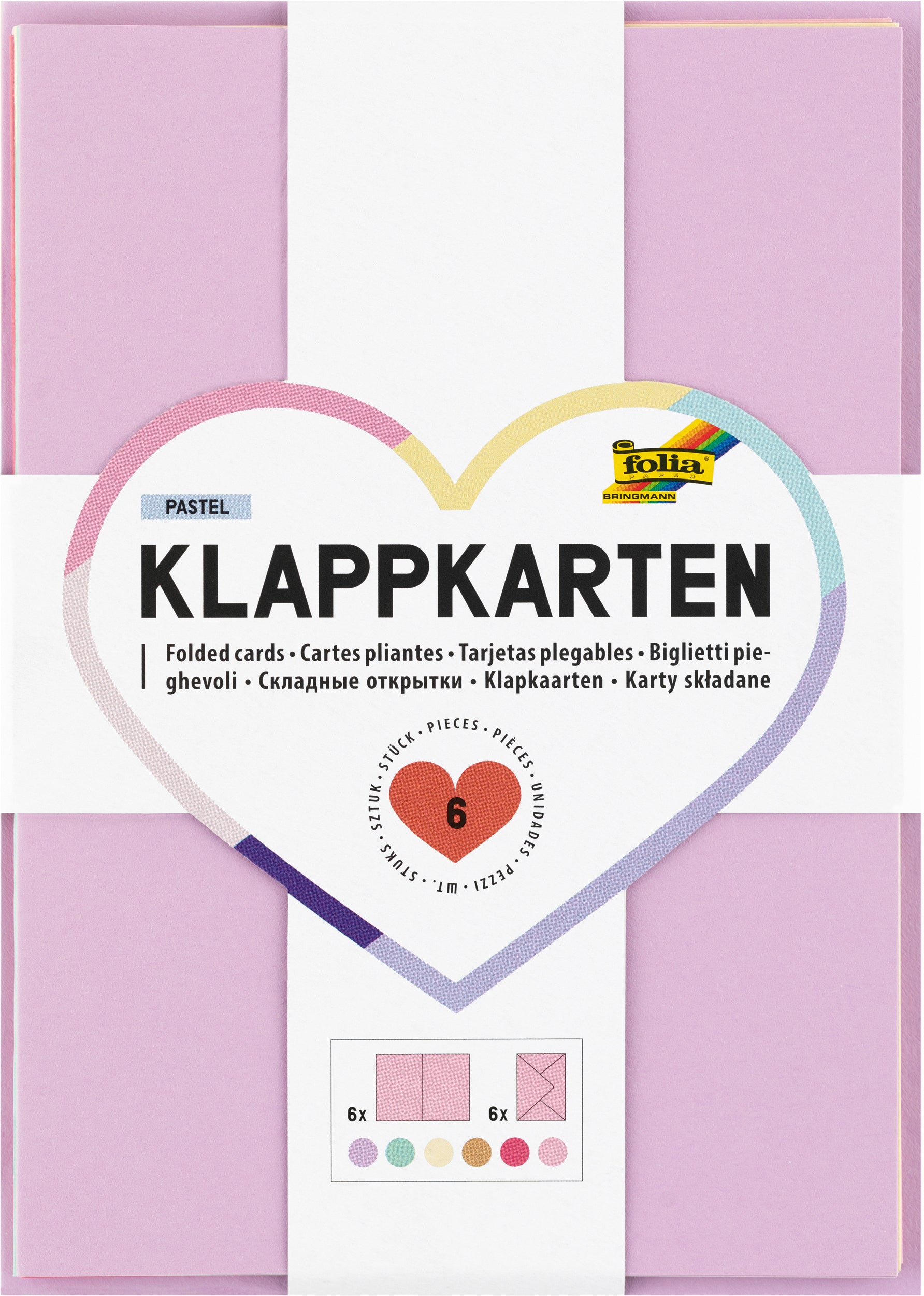 Folia Karten-Set mit Couverts – A6, mit Couvert, Karton 220 g/m², Pastell, mehrfarbig – 6 Stk