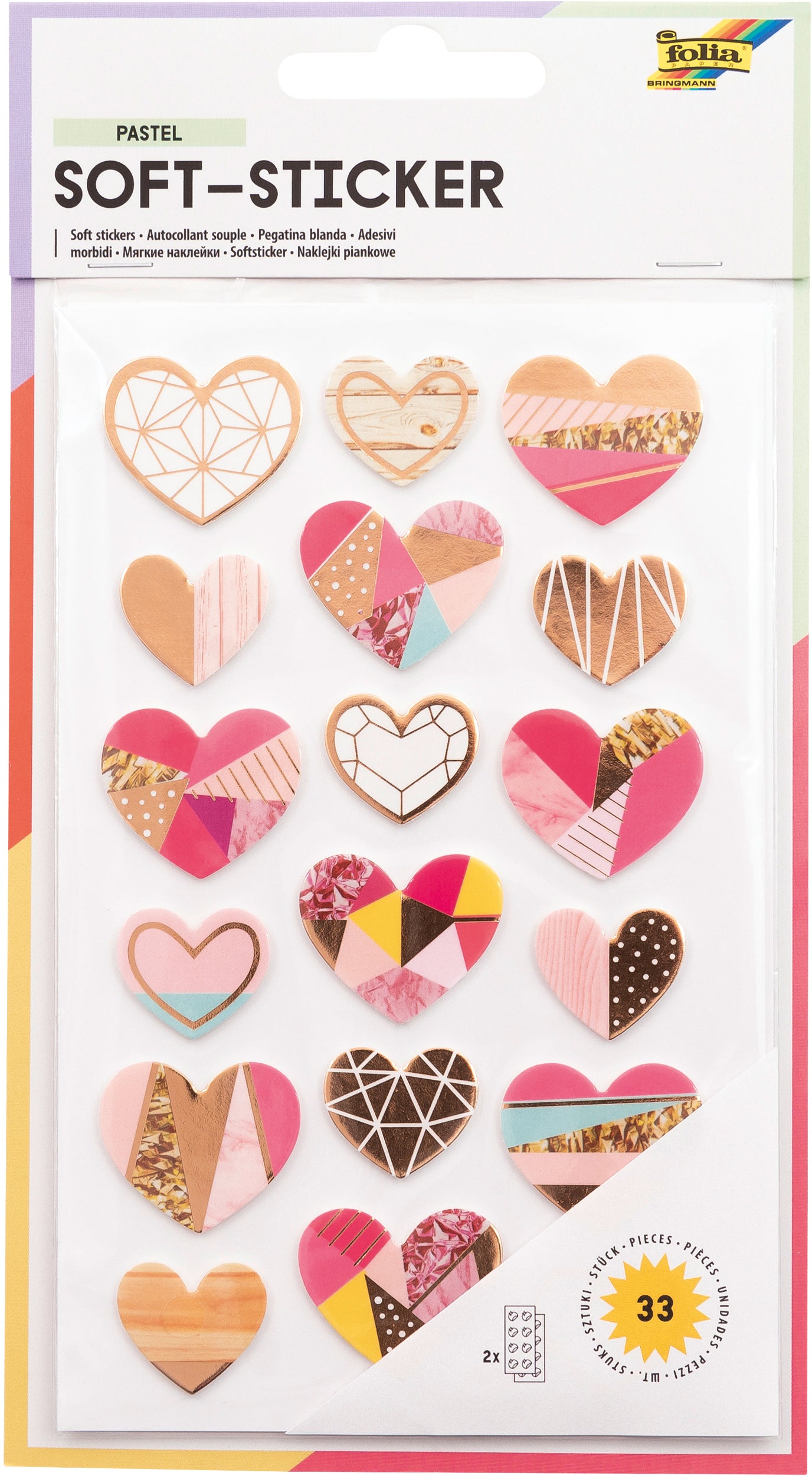 Folia Schaumstoff-Sticker – Pastell, Herzen, Sterne – 2 Bögen/33 Sticker