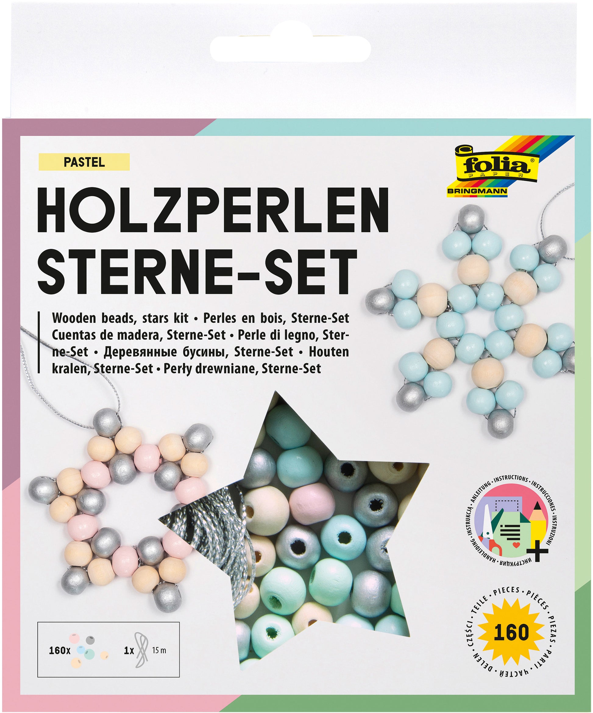 Folia Perlenmischung, Holz – mehrfarbig – Ø 10–12 mm, Loch 12 mm – 160 Stk. – Sterne-Set Pastell