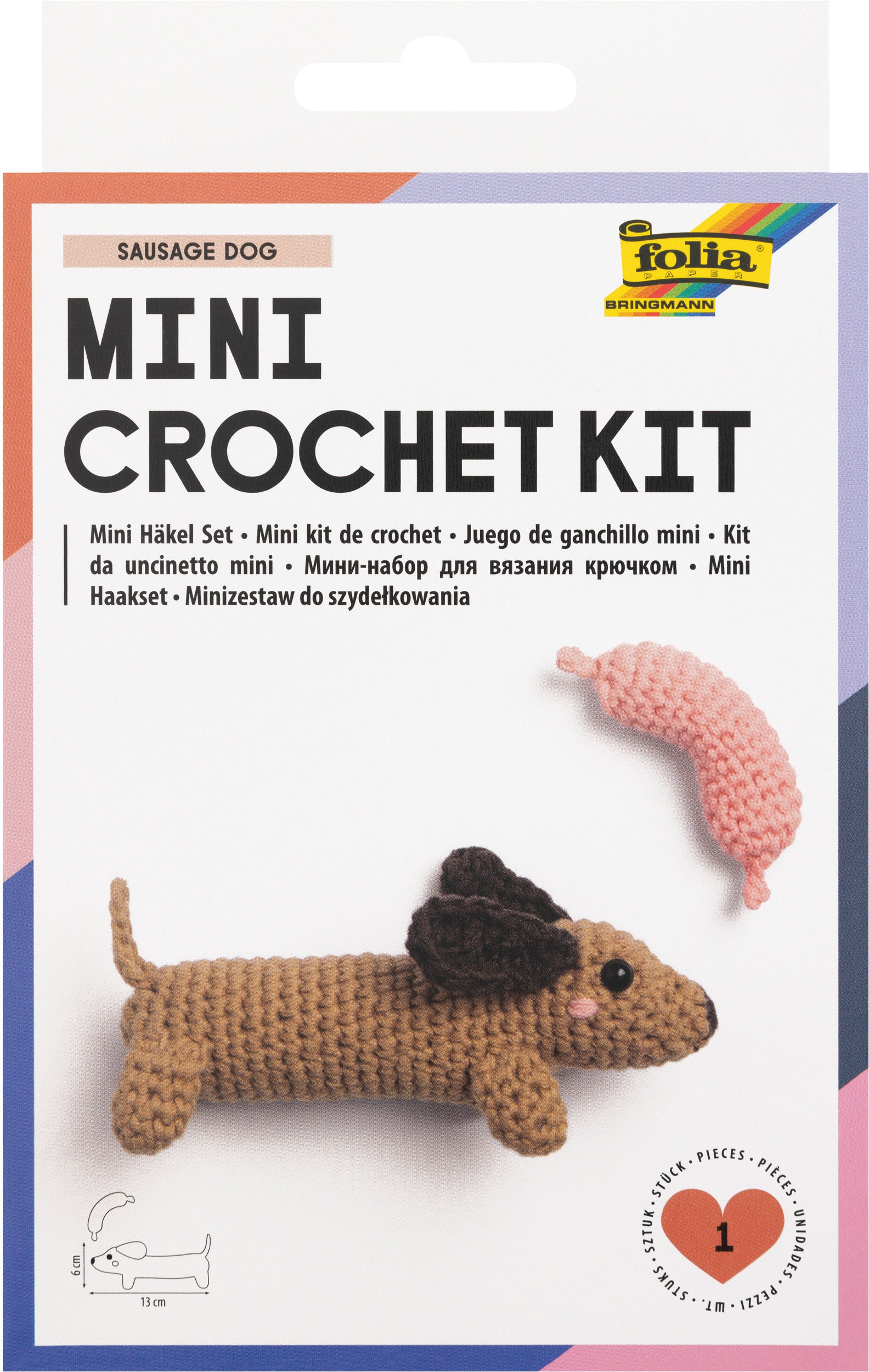 Folia Mini-Häkelset Dackel – 13 × 6 cm – Mehrfarbig