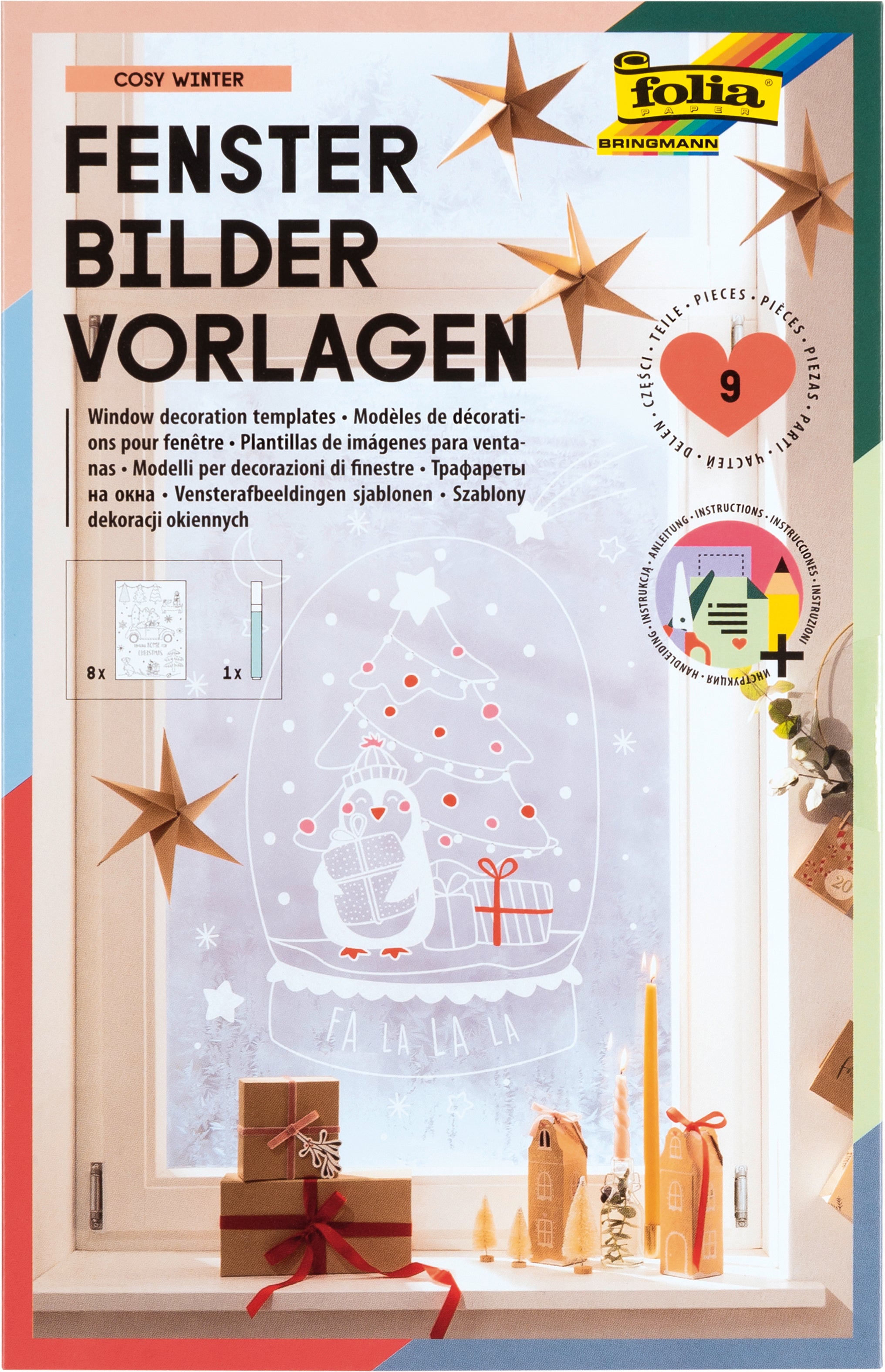 Folia COSY WINTER – Window-Color-Set – 8 Vorlagenbögen je 52 × 73 cm, 1 weisser Kreidemarker