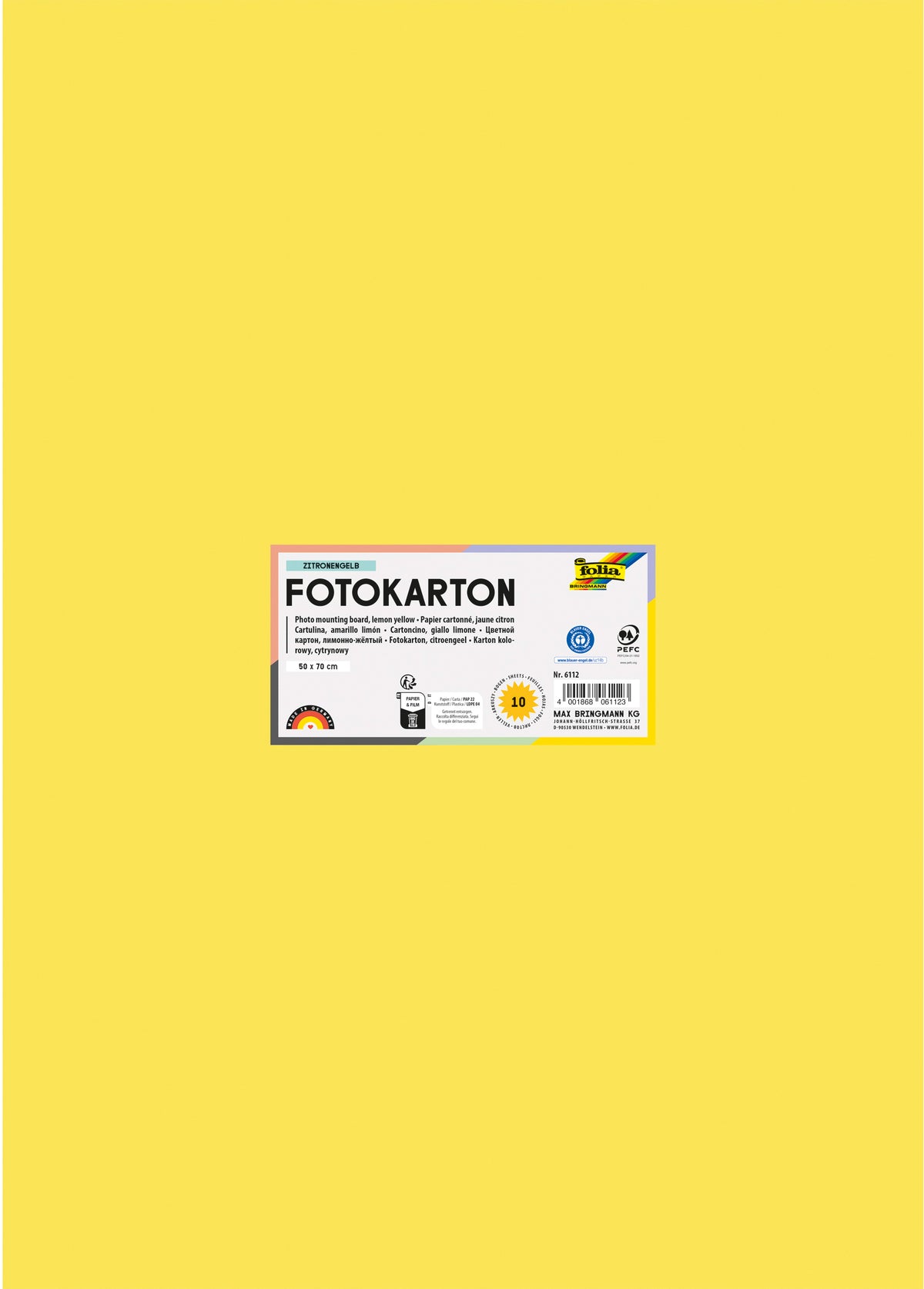 Folia Fotokarton – 50 × 70 cm, zitronengelb, 300 g/m² – aus 100 % Altpapier, 6112