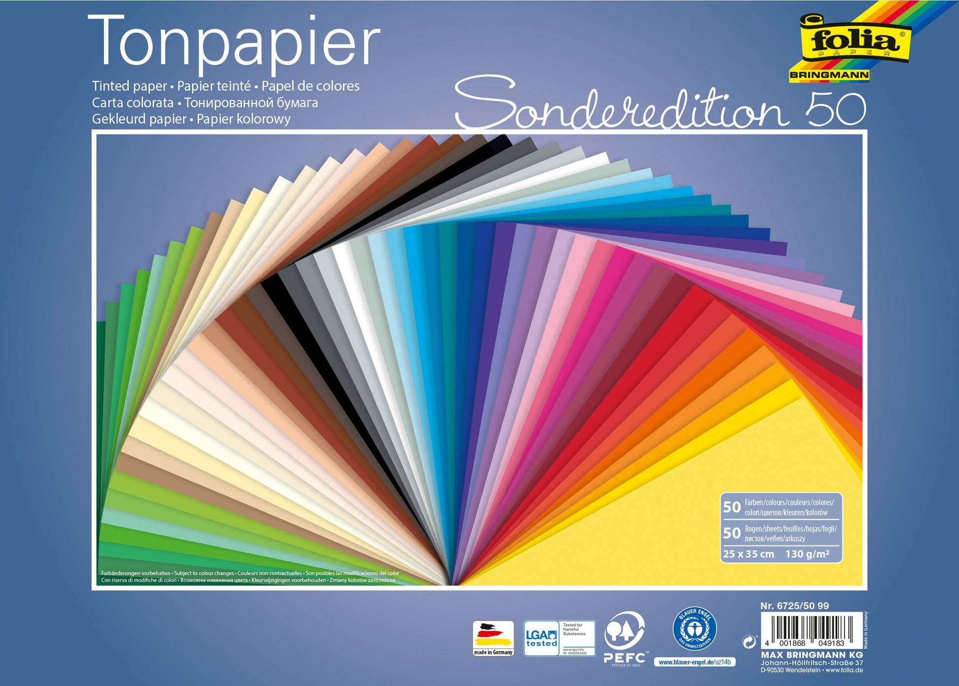 Folia Tonzeichenpapier – 25 × 35 cm, 130 g/m², farbig sortiert, 50 Blatt