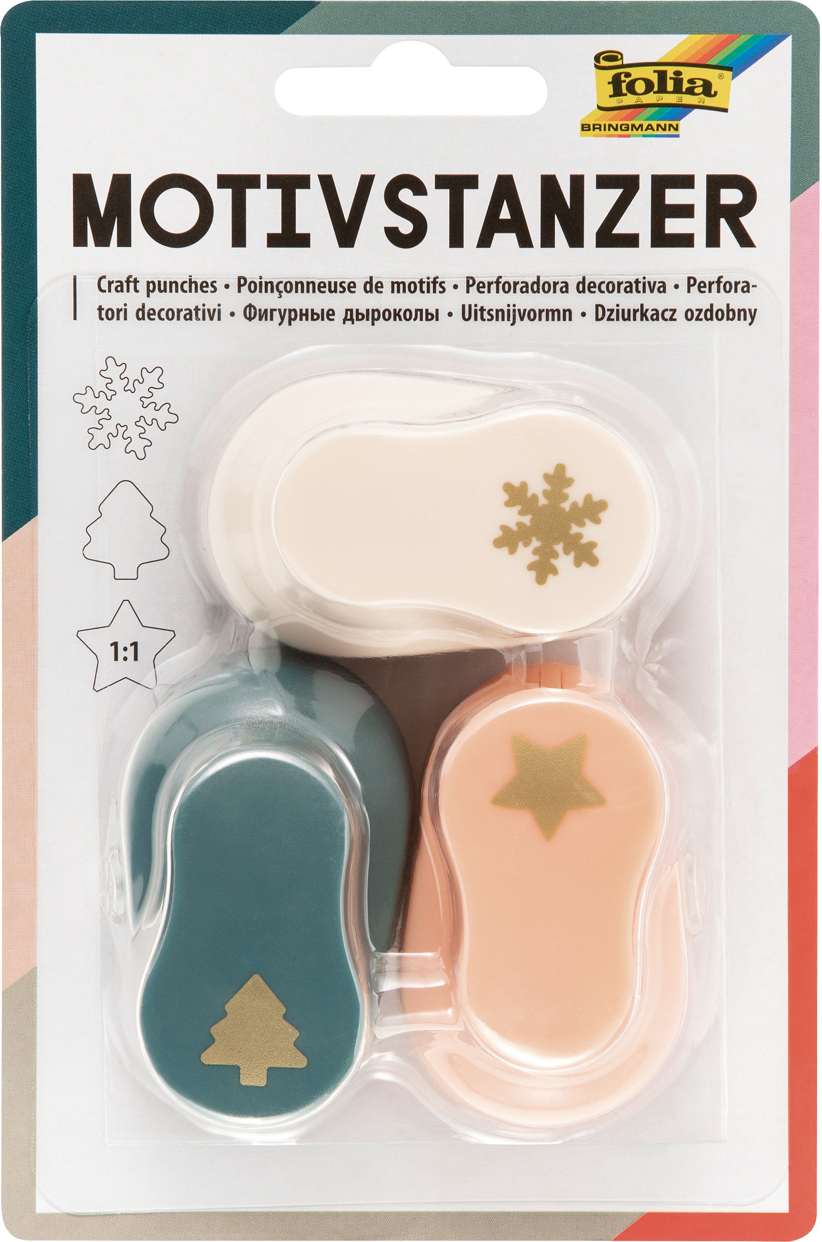 Folia Motivstanzer, Weihnachtsmotive, Ø 15 mm, grün, rot, gelb, 3er Set