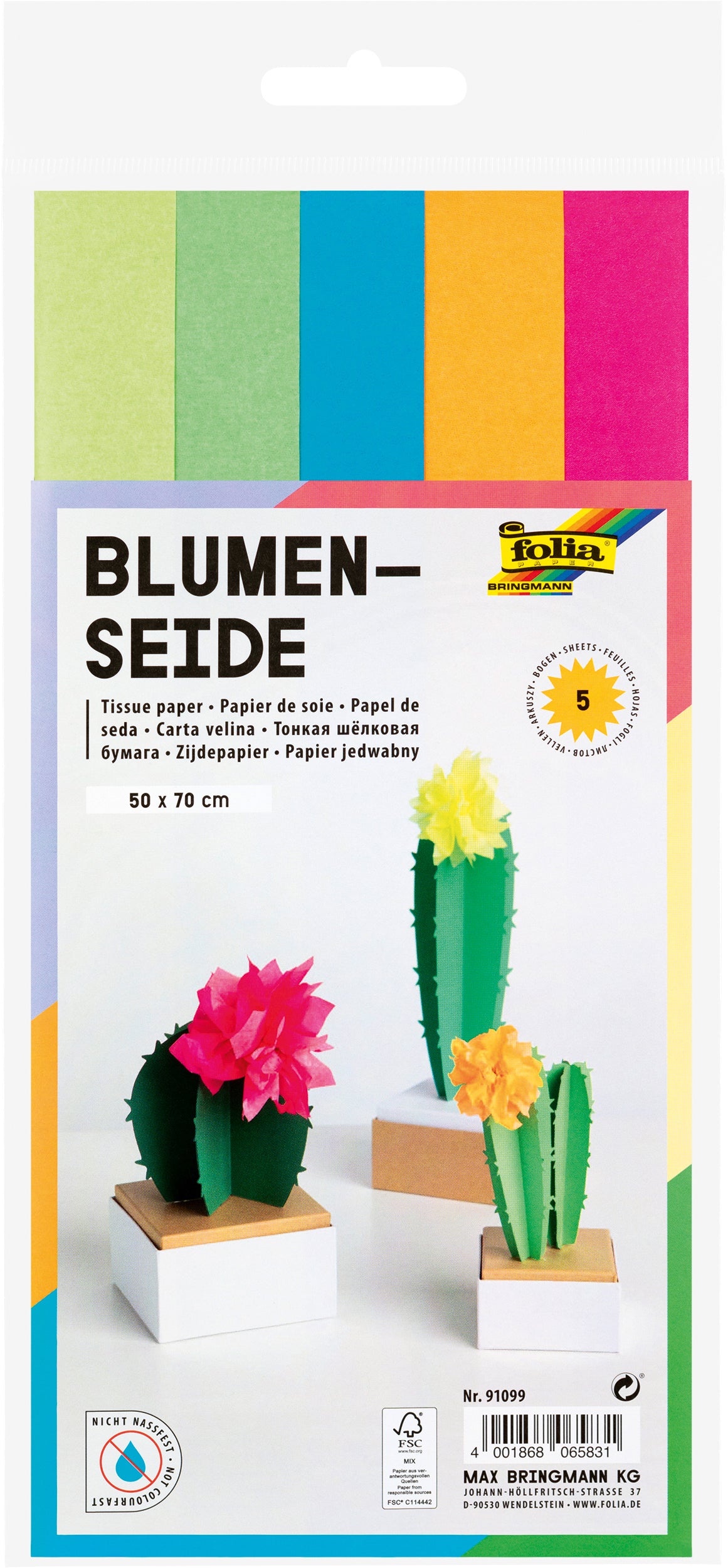 Folia Seidenpapier – 12,5 × 25 cm, Neon Mix, 20 g/m² – 5 Blatt