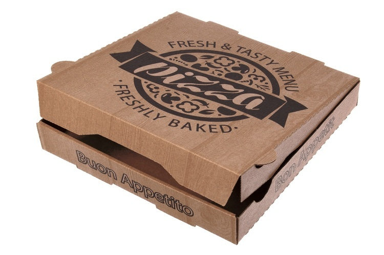 Pizzakarton, braun – 300×300×40 mm, mit Motiv "Fresh + Tasty Menu" – Pack à 100 Stk.