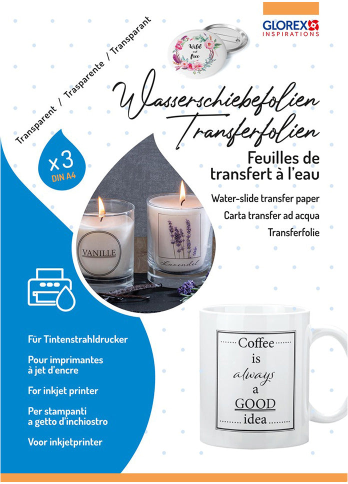 GLOREX Transferfolie (Dekor) – A4, Inkjet, für Glas, Metall, Holz, 3 Blatt