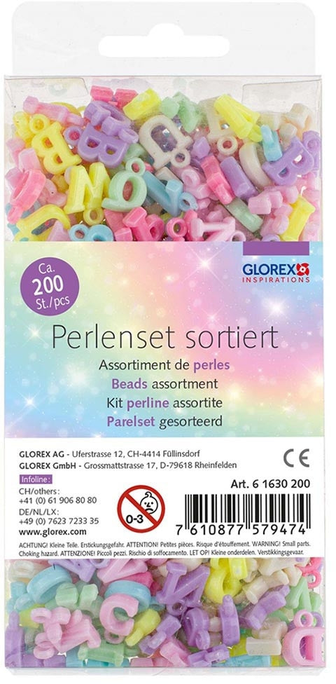 GLOREX Buchstabenperlen, Acryl – Mehrfarbig – 200 Stk. – Pastell-Töne