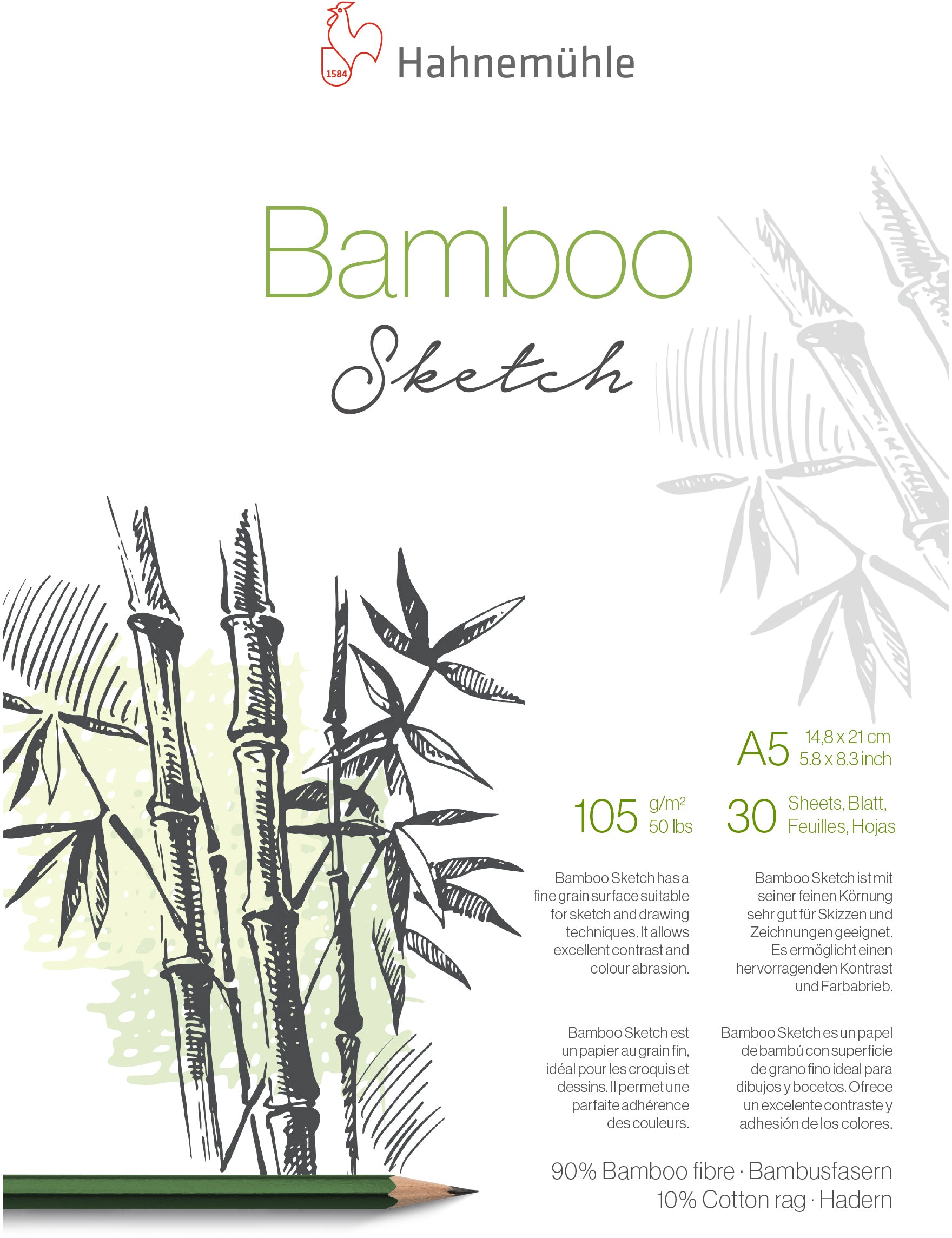 Hahnemühle Bamboo Skizzenblock – A5, 105 g/m², weiss, glatt, 30 Blatt, für Bleistift, Kohle, Tusche