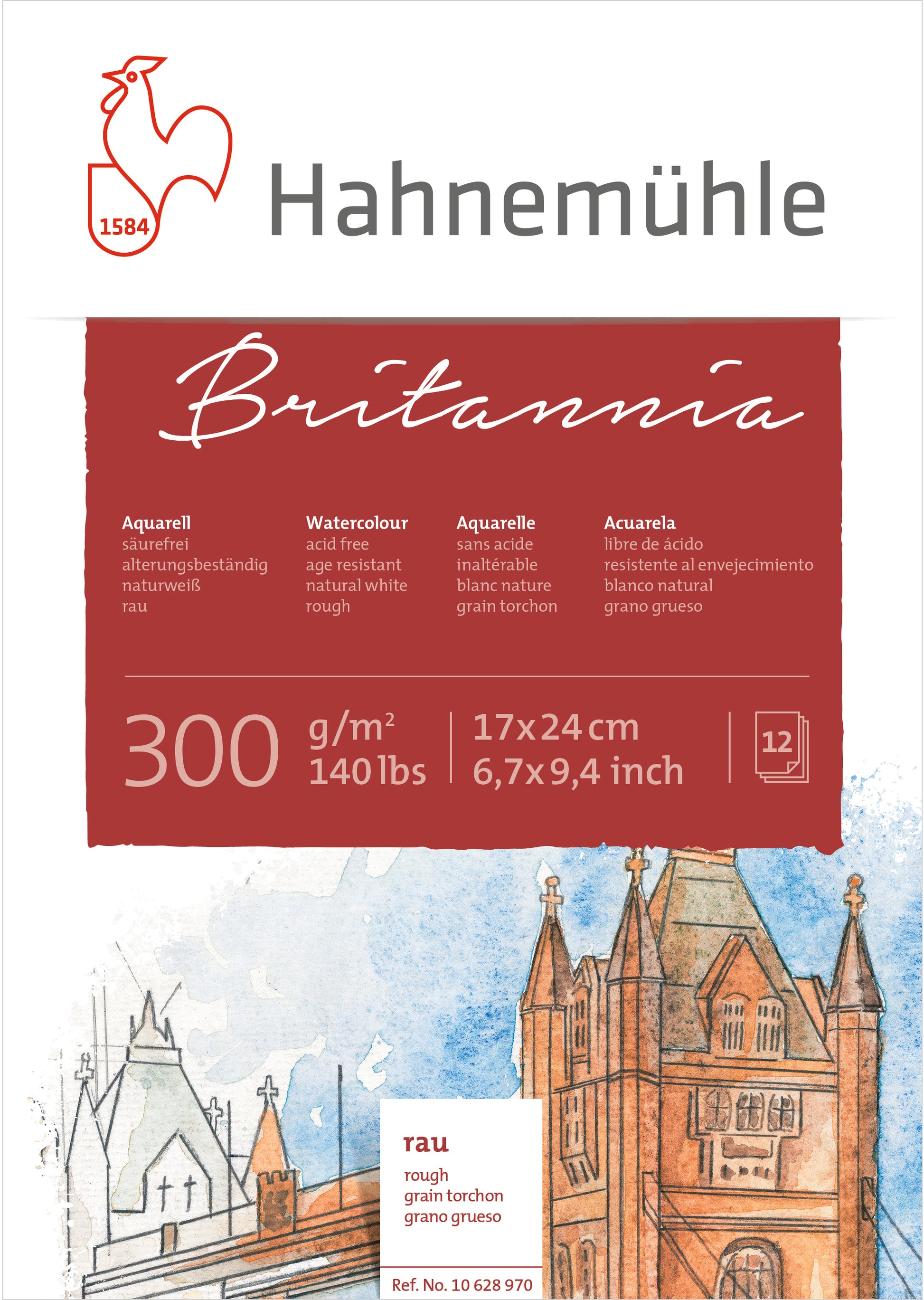 Hahnemühle Britannia Aquarellblock – 17 × 24 cm – 300 g/m² – 12 Blatt, weiss, rau, für Aquarell, Gouache & Acryl