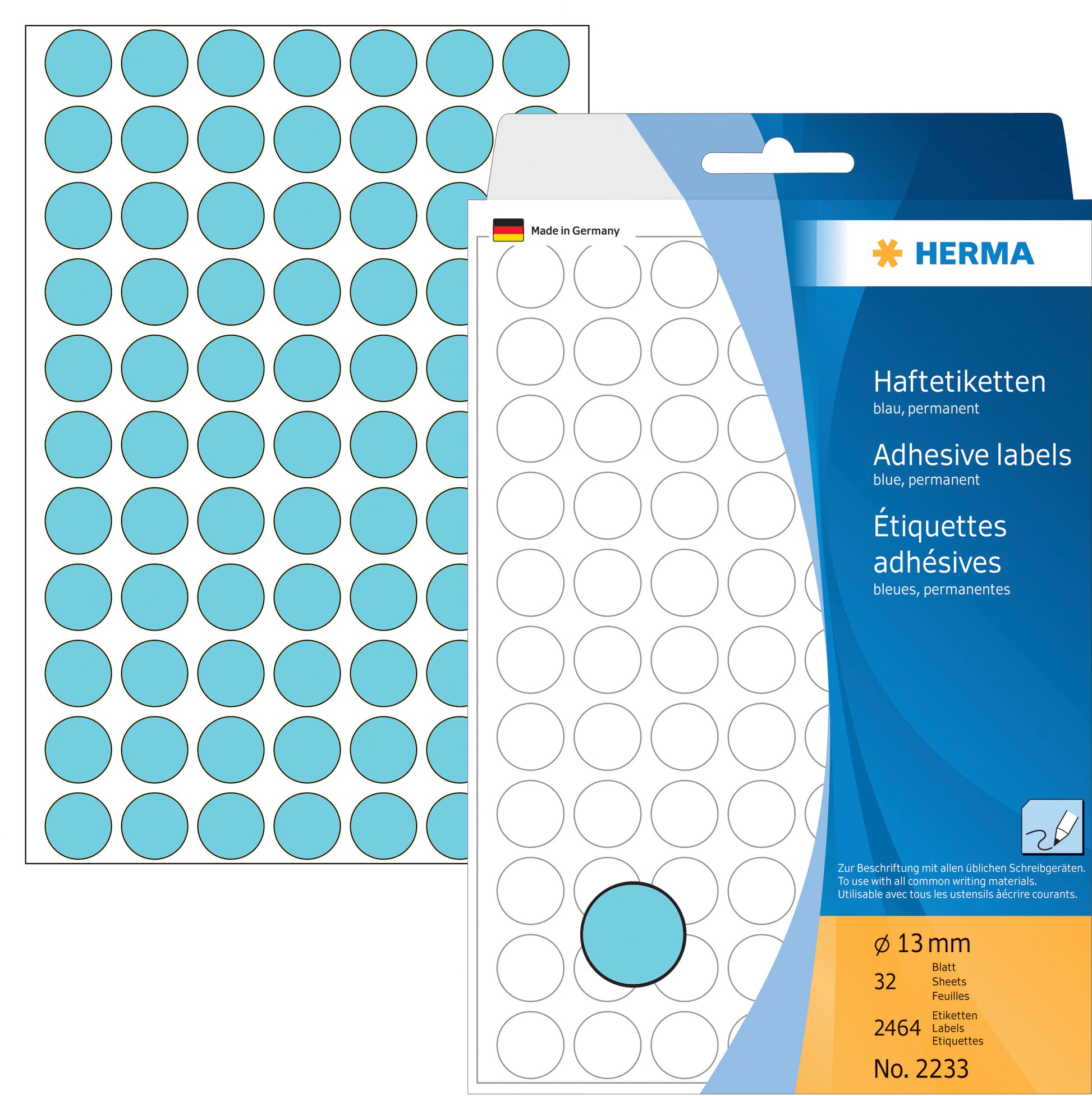 HERMA Haftetiketten – Ø 13 mm, permanent, blau, Bogen 111 × 170 mm, 32 Blätter (2'464 Stk.)