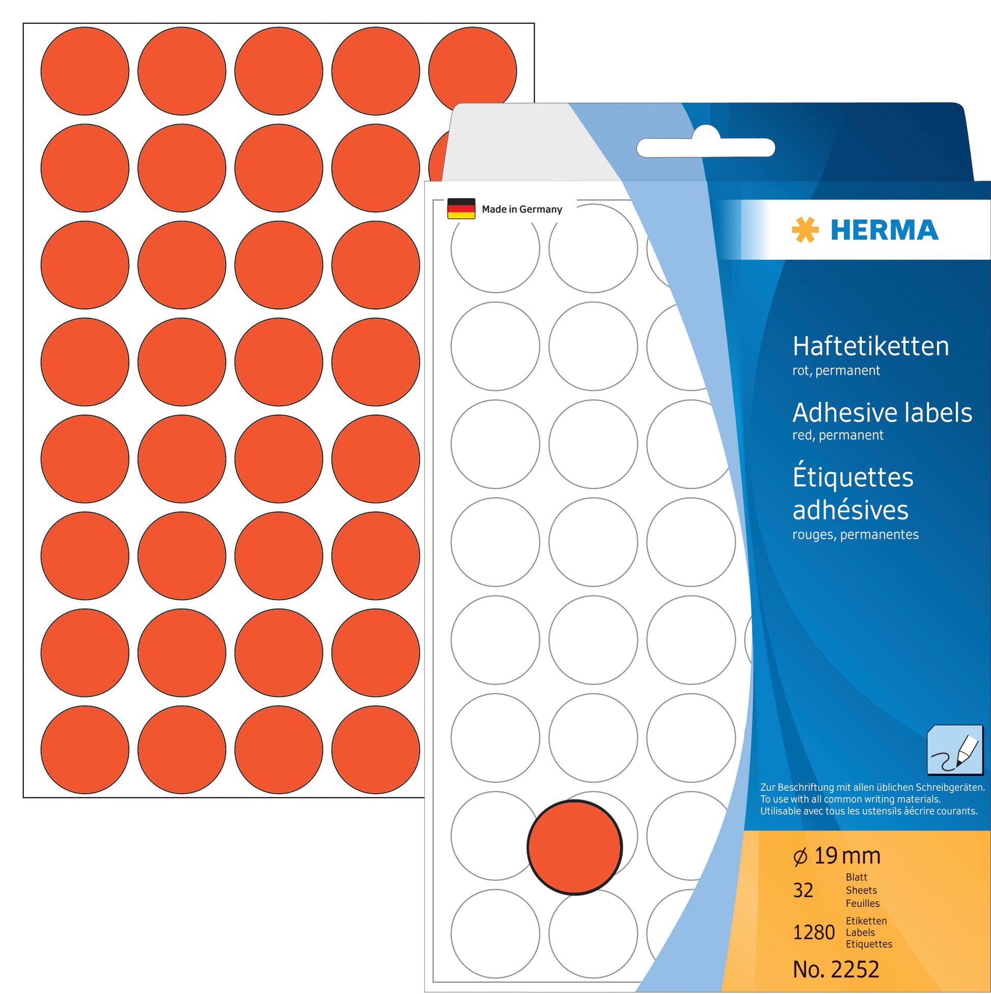 HERMA Haftetiketten – rund Ø 19 mm, permanent, rot, Bogen 111 × 170 mm, 32 Blatt (1'280 Stk.)