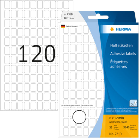 HERMA Haftetiketten – rechteckig 8 × 12 mm, stark haftend, weiss, 32 Blatt (3'840 Stk.)