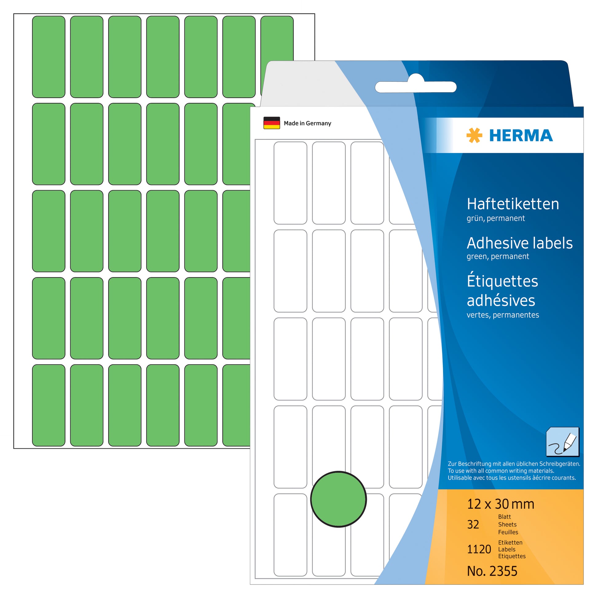 HERMA Haftetiketten – rechteckig 12 × 30 mm, permanent, grün, abgerundete Ecken, 32 Blatt (1'120 Stk.)