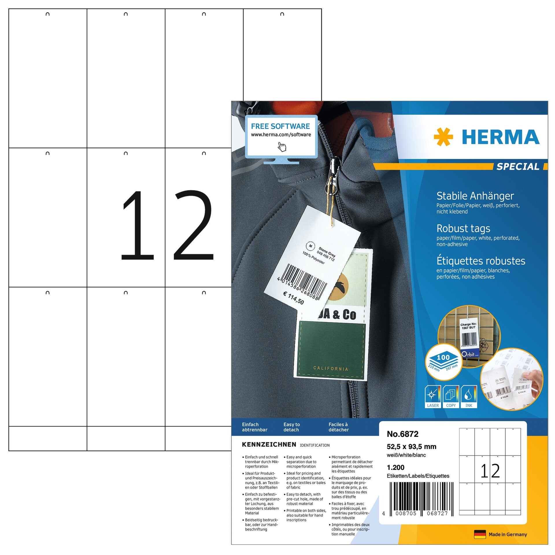 HERMA Anhängeetiketten – rechteckig 52,5 × 93,5 mm, weiss, A4, perforiert, mit Loch, 100 Blatt (1'200 Stk.)