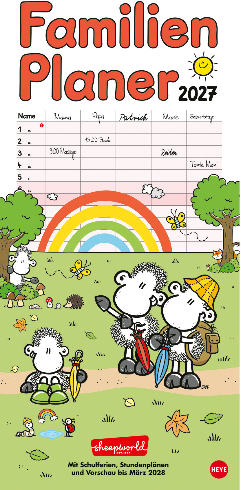 Heye Familienplaner Sheepworld, Monat, 2027, 20,8 × 45,4 cm, d, 5 Spalten