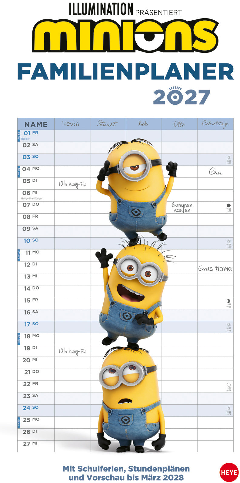 Heye Familienplaner, Monat, 2027, 21,3 × 45,5 cm, d, 5 Spalten, Minions