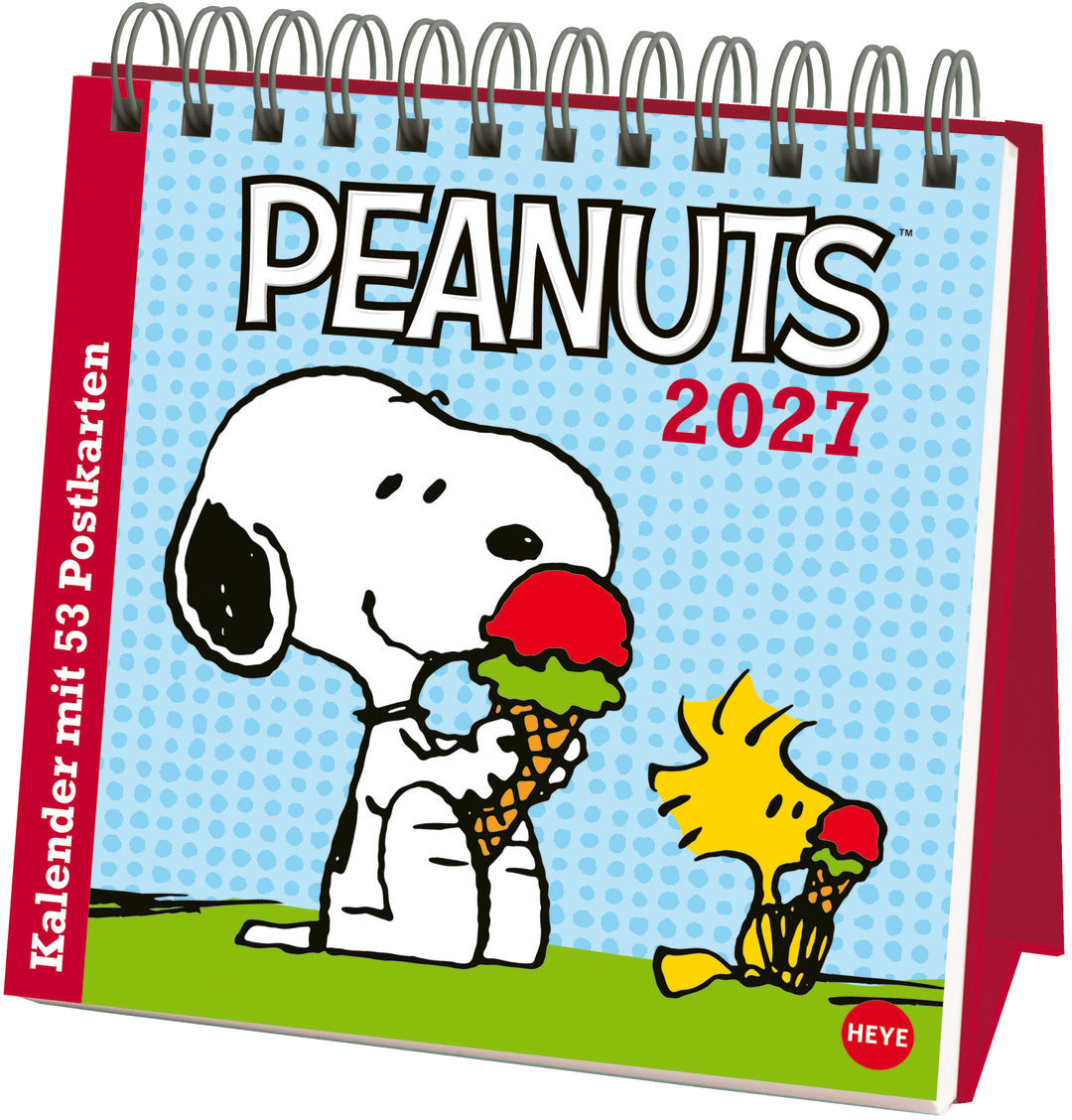 Heye Peanuts – Postkartenkalender 2027 – 16,5 × 17,7 cm – Kalendarium deutsch – 1 Woche/Seite – 53 Postkarten