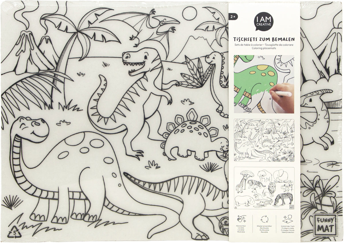 I am creative Mal-Tischset Tiere & Dinosaurier – 25 × 35 cm – 2 Stk. – abwischbar, wiederverwendbar