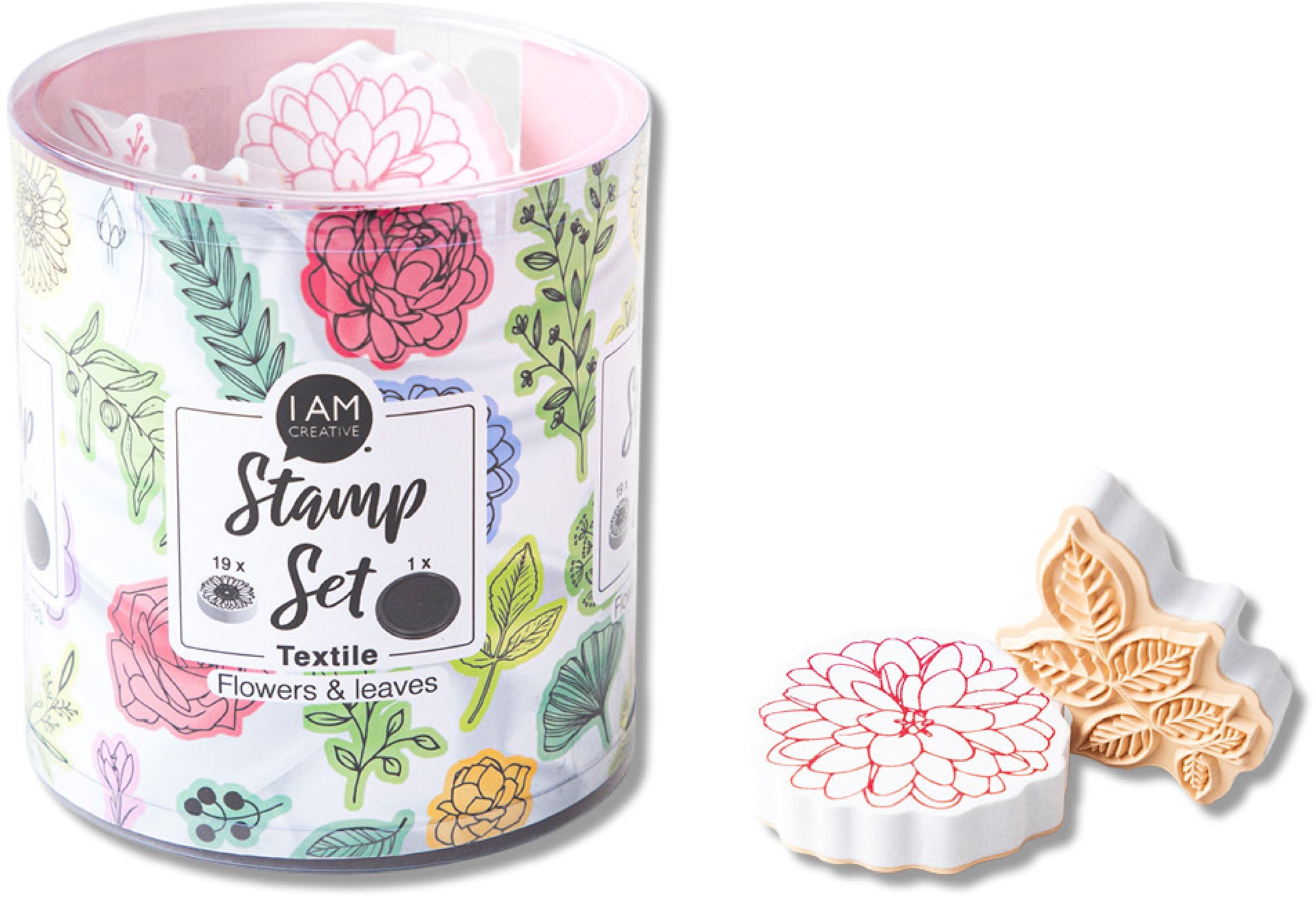 I am creative Stempel-Set – Blumen und Blätter – 20 Stempel, Stempelkissen – für Baumwolle, Leinen & Seide