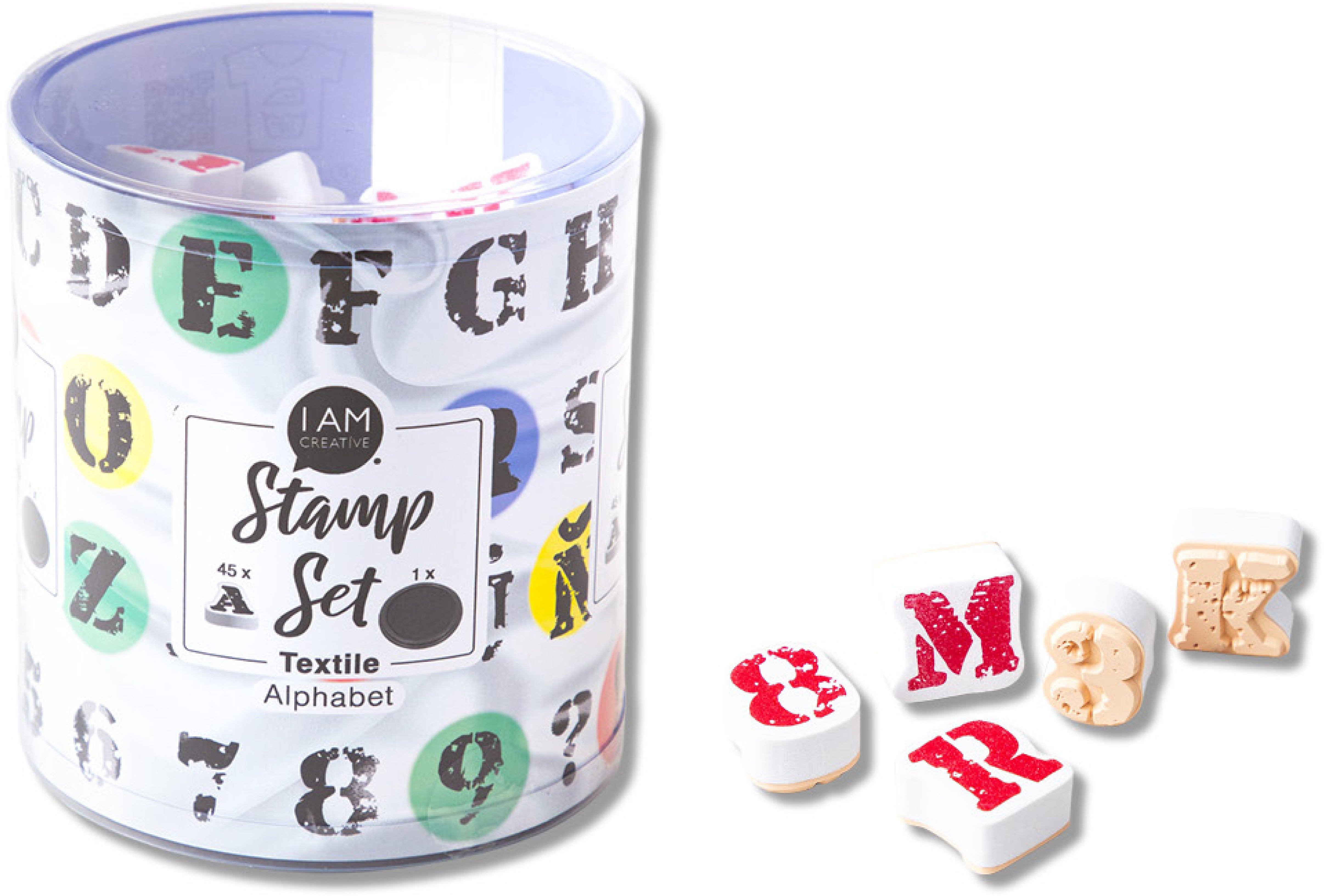 I am creative Textilstempel-Set – Alphabet – 46-teilig – Inklusive schwarzem Textilstempelkissen