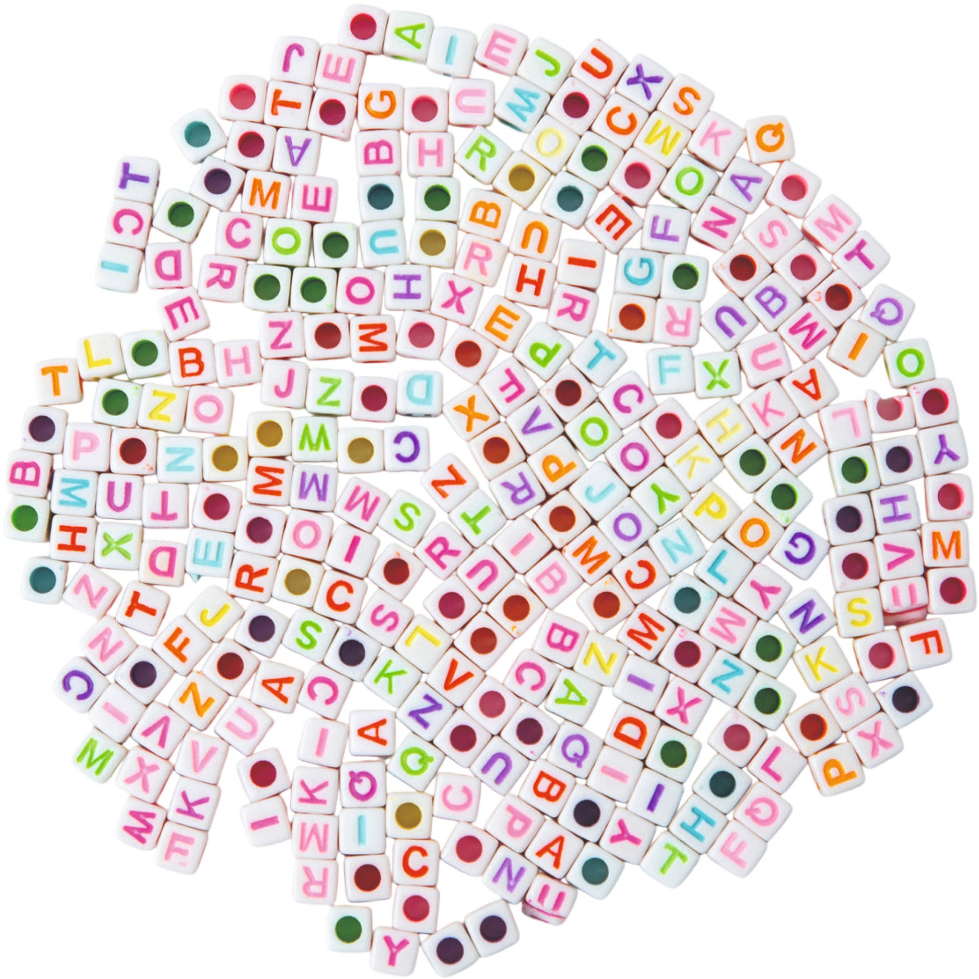I am creative Quadratische Buchstabenperlen, Acryl – Weiss/Mehrfarbig – 6 × 6 × 6 mm – 50 g