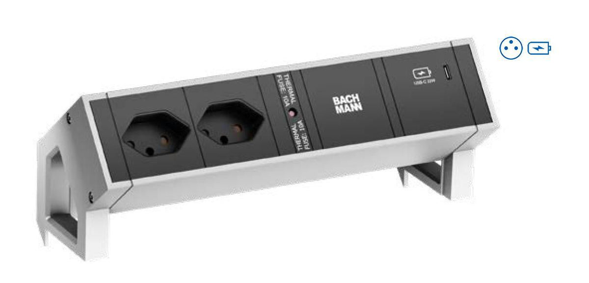 Bachmann DESK2 Steckdoseneinheit – 2×Schuko (Typ E/F), USB-C 60 W, Tisch/Einbau, 0,2 m