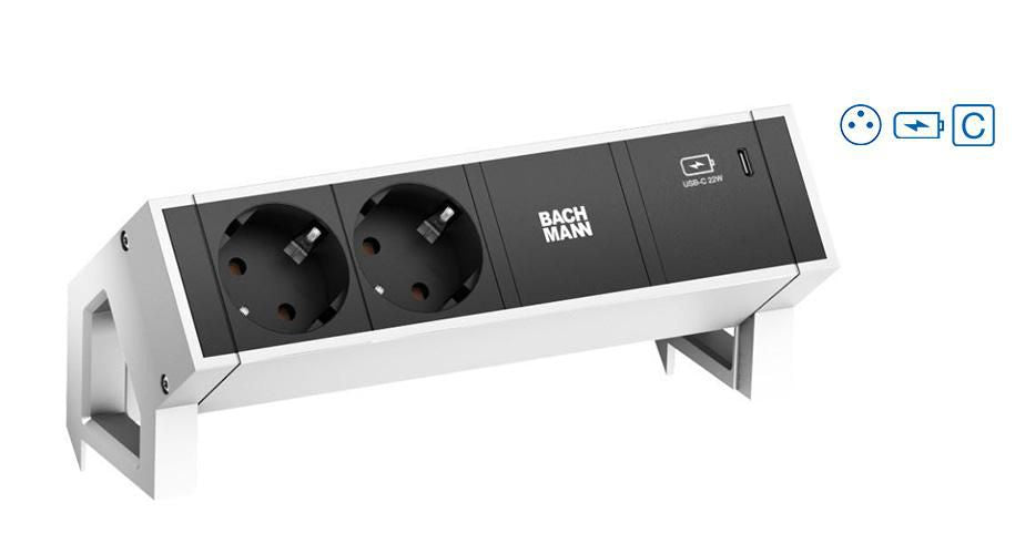 Bachmann DESK2 Steckdosenleiste – 2× Typ E, 1× USB-C 30 W, schwarz/weiss
