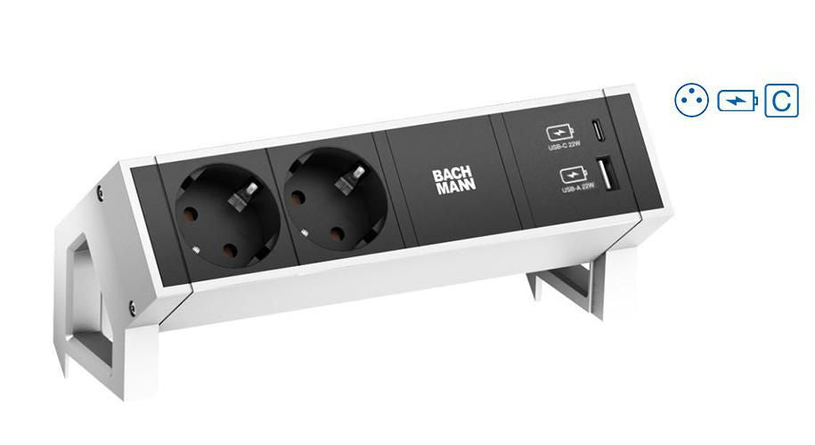 Bachmann DESK2 Steckdoseneinheit – 2×Schuko (Typ E/F), USB‑A/USB‑C 22 W, Tisch/Einbau
