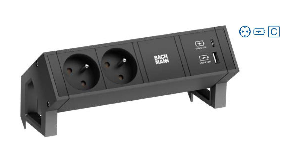 Bachmann DESK2 Steckdosenleiste Typ F 2× – USB‑C×1, USB‑A×1 – 22 W USB – Kabel 0,2 m – Schwarz