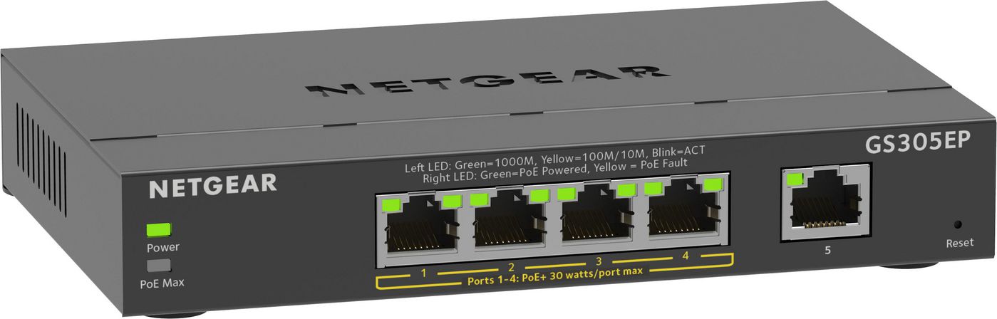 NETGEAR GS305EP – Managed L2/L3 Switch – 5× 1G (4× PoE+), PoE-Budget 63 W