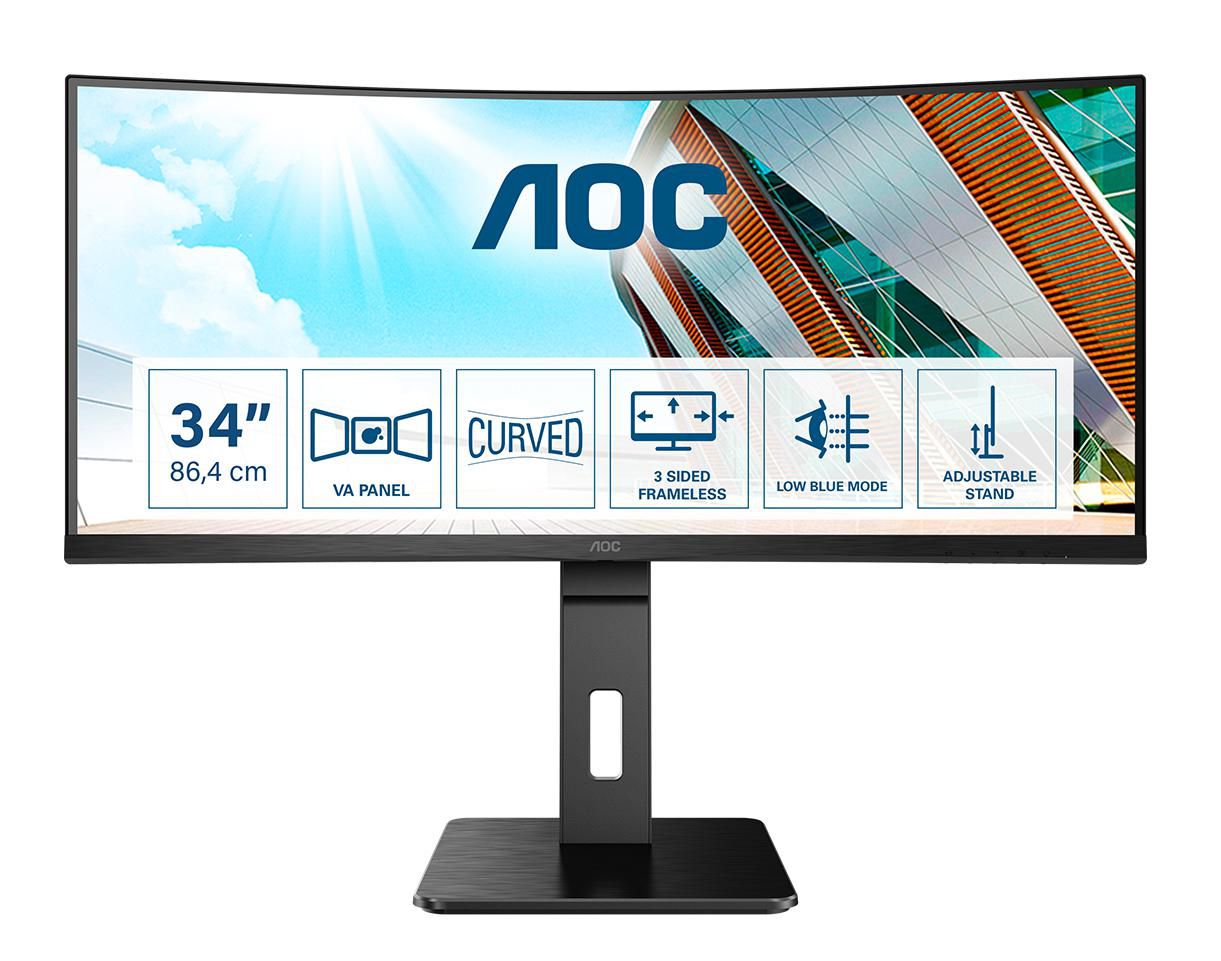 AOC CU34P2A – Monitor, 34", 3440 × 1440, VA, 100 Hz, 300 cd/m², Gebogen, USB-Hub, VESA 100 × 100, Schwarz