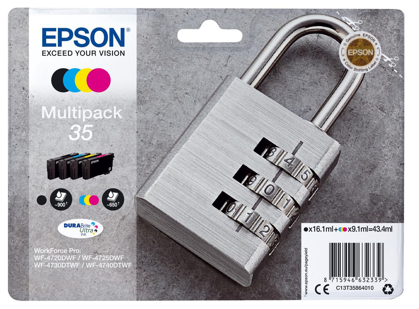 Epson 35 Tintenpatronen-Multipack, Schwarz/Cyan/Magenta/Gelb (Original) – für WorkForce Pro WF-4740/4730 …