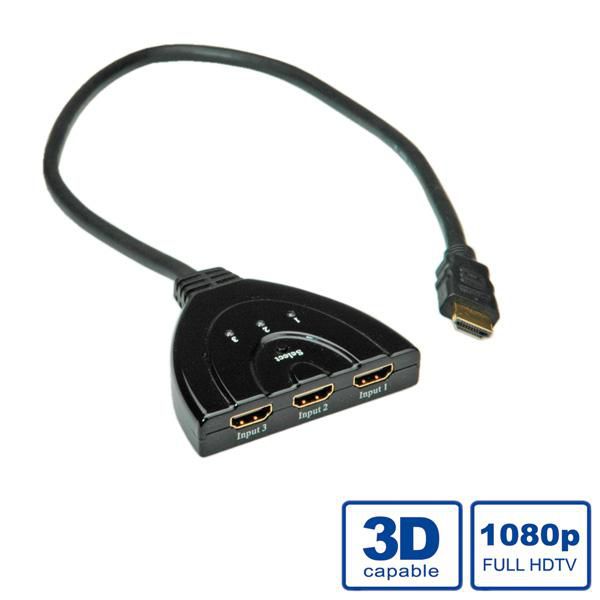 VALUE HDMI Switch, 3× HDMI In / 1× HDMI Out, 1080p, Umschaltung per Taster, Schwarz