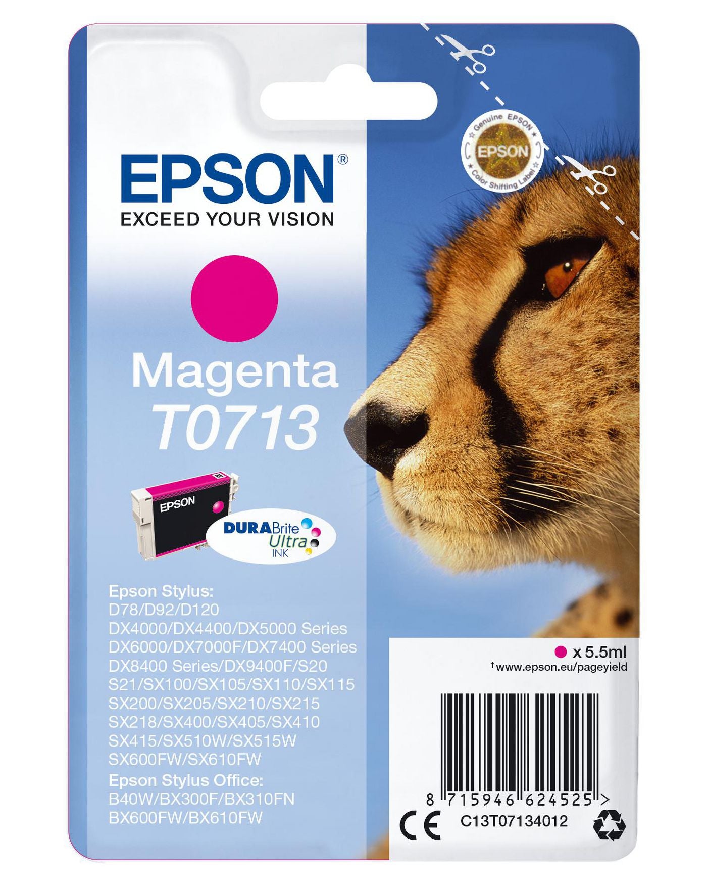 Epson T0713 Magenta Tintenpatrone (Original) – 5,5 ml – für BX300F/BX310FN/SX100 …