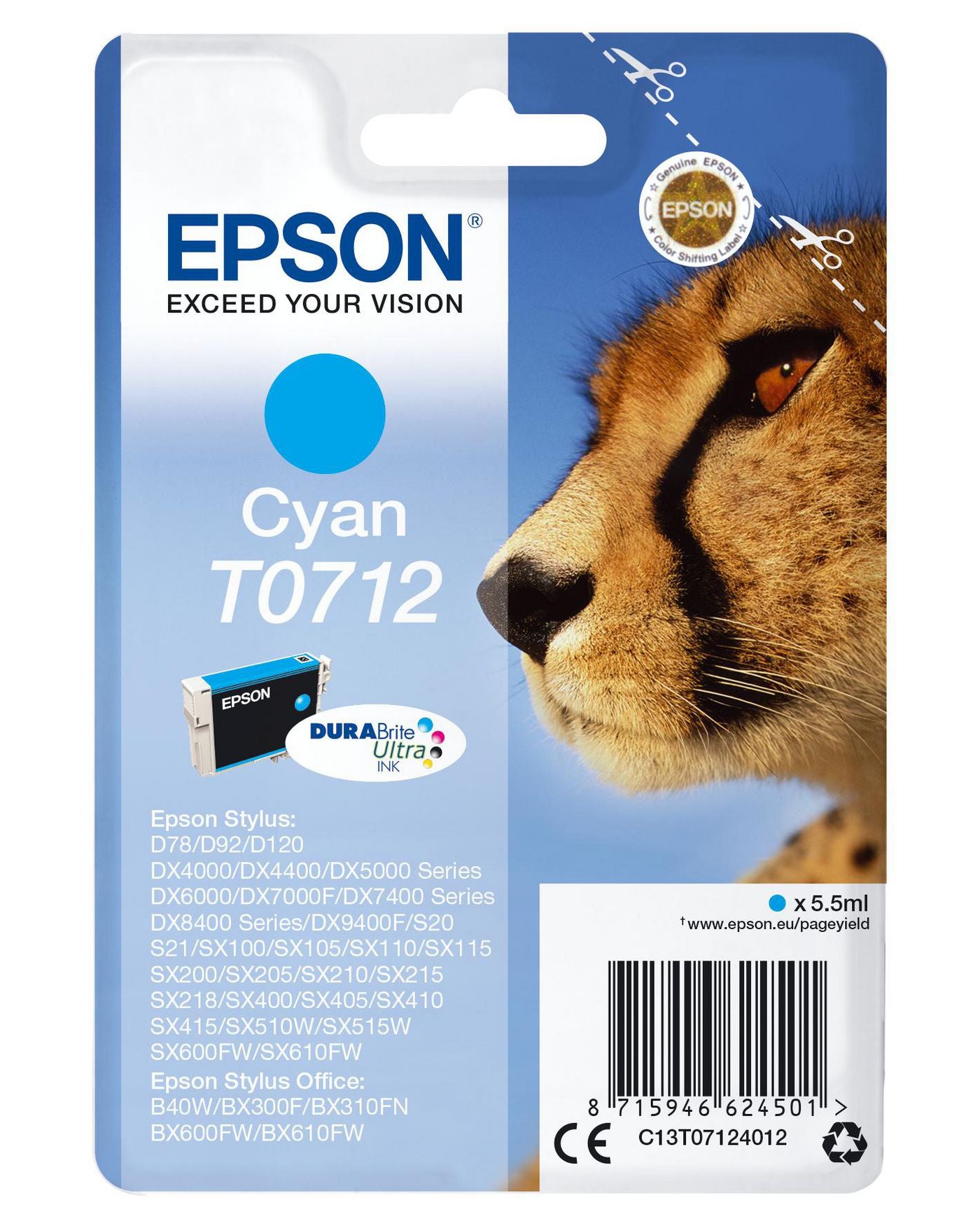 Epson T0712 Cyan Tintenpatrone (Original) – 495 Seiten – für Epson Stylus CX4300/DX4000/SX100 …