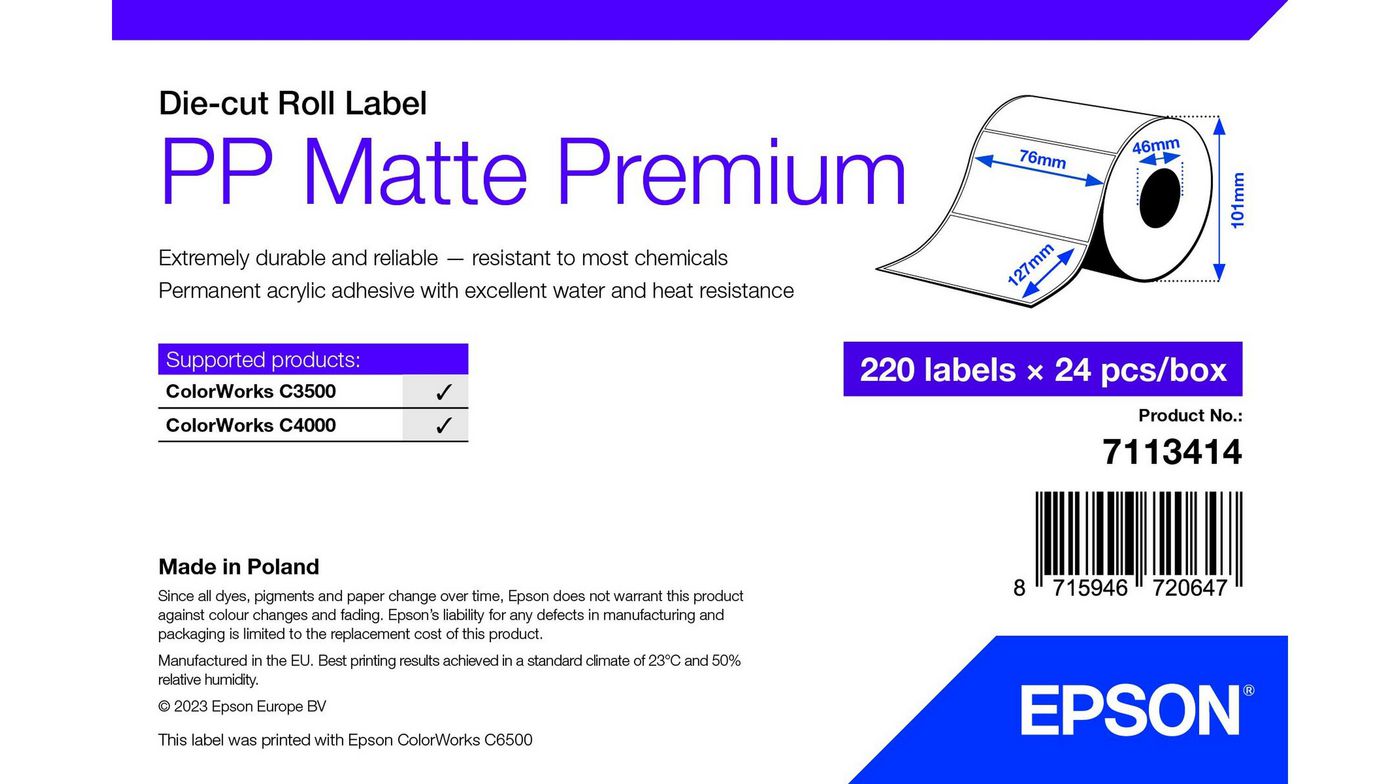 Epson Etiketten, 76 mm × 127 mm, Polypropylen, Matt, 220 Etiketten