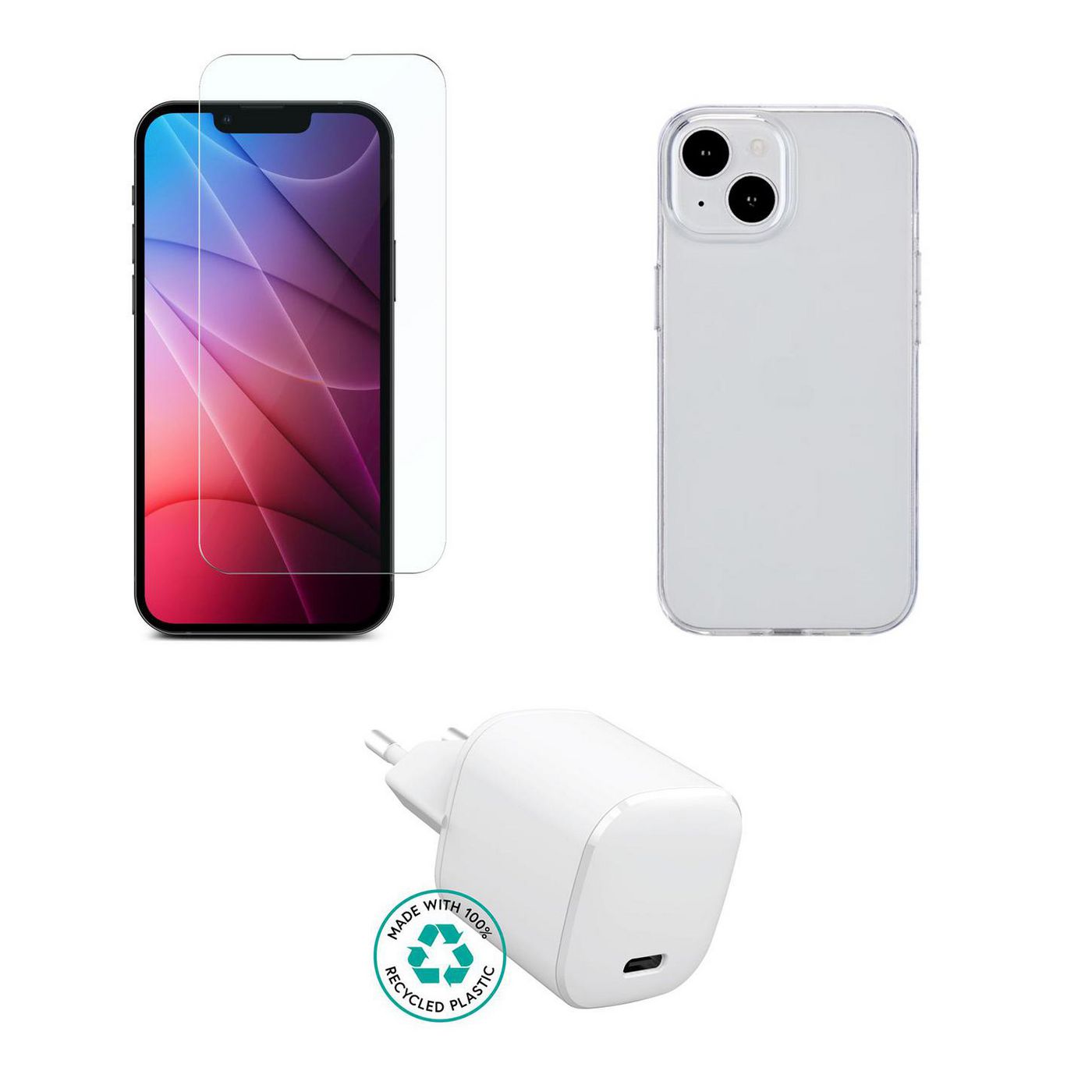eSTUFF 3-in-1 Starter-Set (Ladegerät, Hülle, Displayschutzglas) – für iPhone 15 Pro – Braun