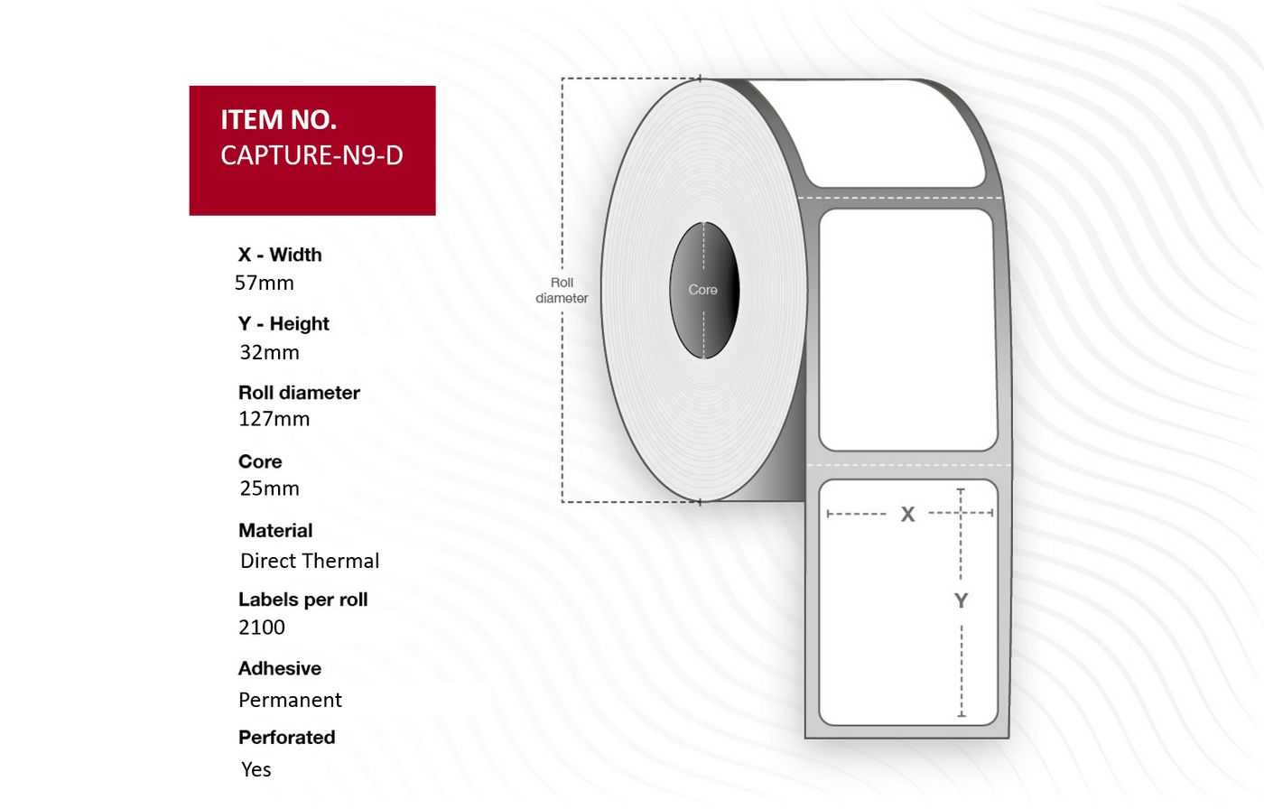 Capture Drucketiketten, 57 mm × 32 mm, Thermodirekt, perforiert, 12 Rollen (2'100 Etiketten/Rolle)