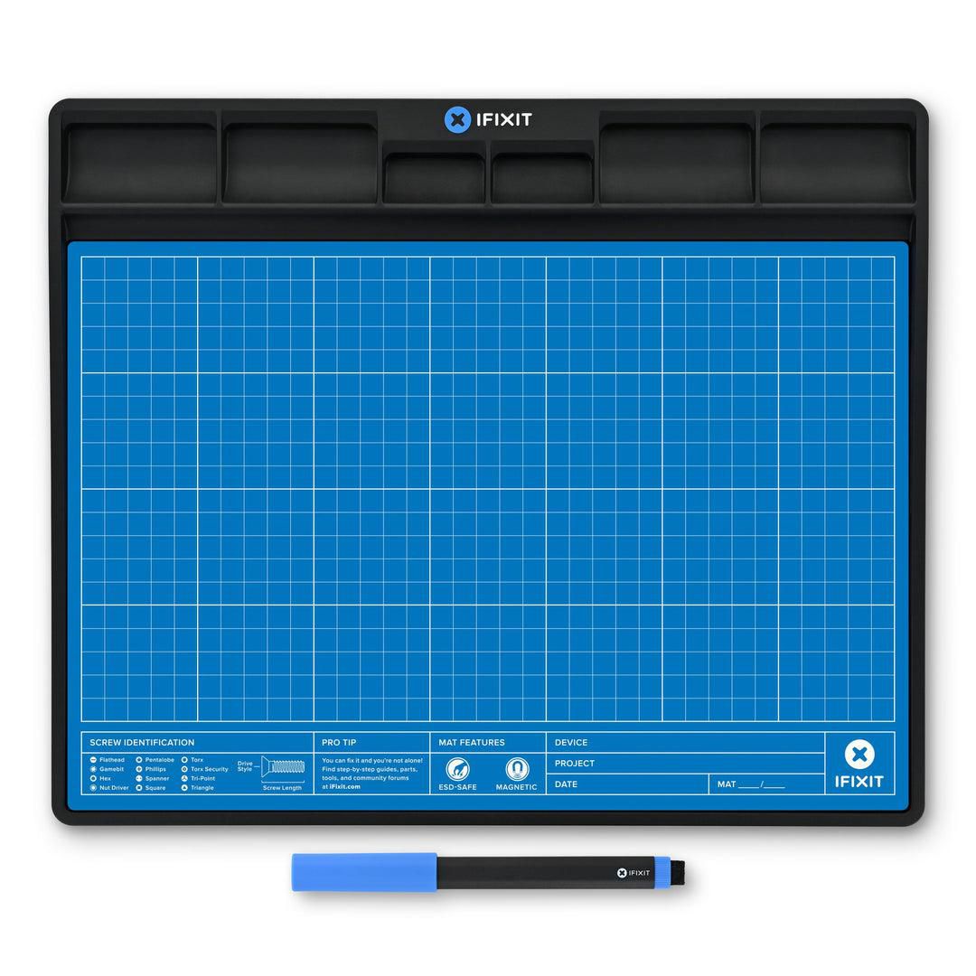 iFixit Magnetmatte – 300 × 250 mm, antistatisch, Bithalter, Stift, schwarz/blau/weiss