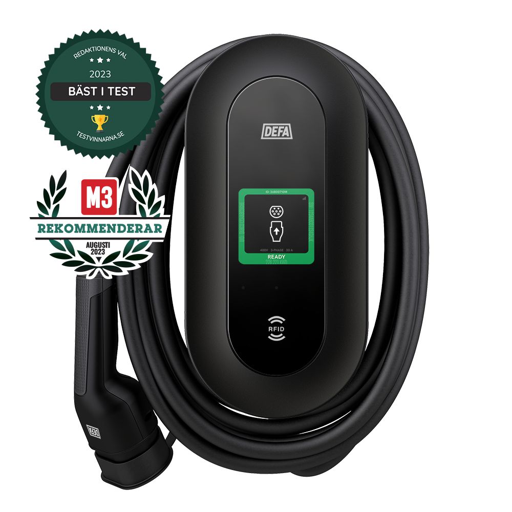 DEFA Power Smart Wallbox – 22 kW, 3-ph, Typ 2 mit 6 m Kabel, Wandmontage, IP55, RFID/NFC, Zähler, Display, Schwarz