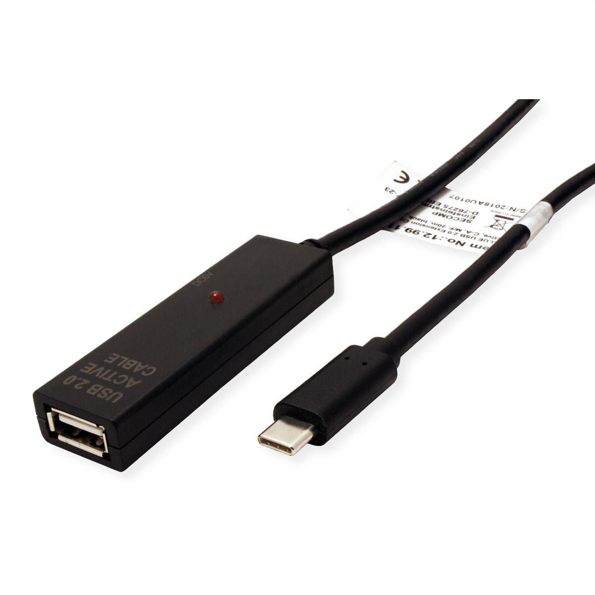 VALUE USB-C auf USB-A Verlängerungskabel (Stecker auf Buchse) – USB 2.0 (480 Mbit/s) – 15 m – aktiv – Schwarz