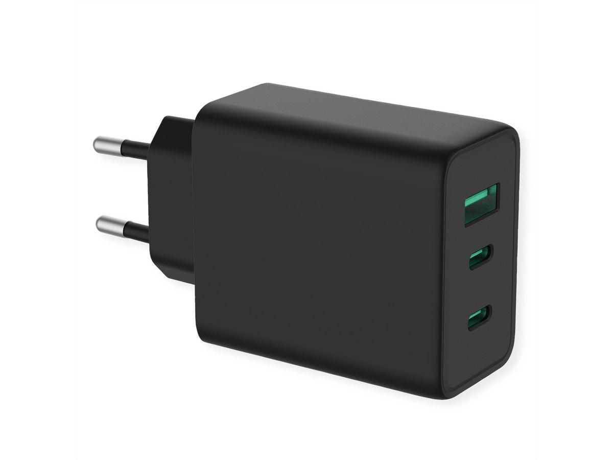 VALUE USB-Wandladegerät 65 W – USB-C×2, USB-A×1 – PD, GaN – EU-Stecker (Typ C) – Schwarz