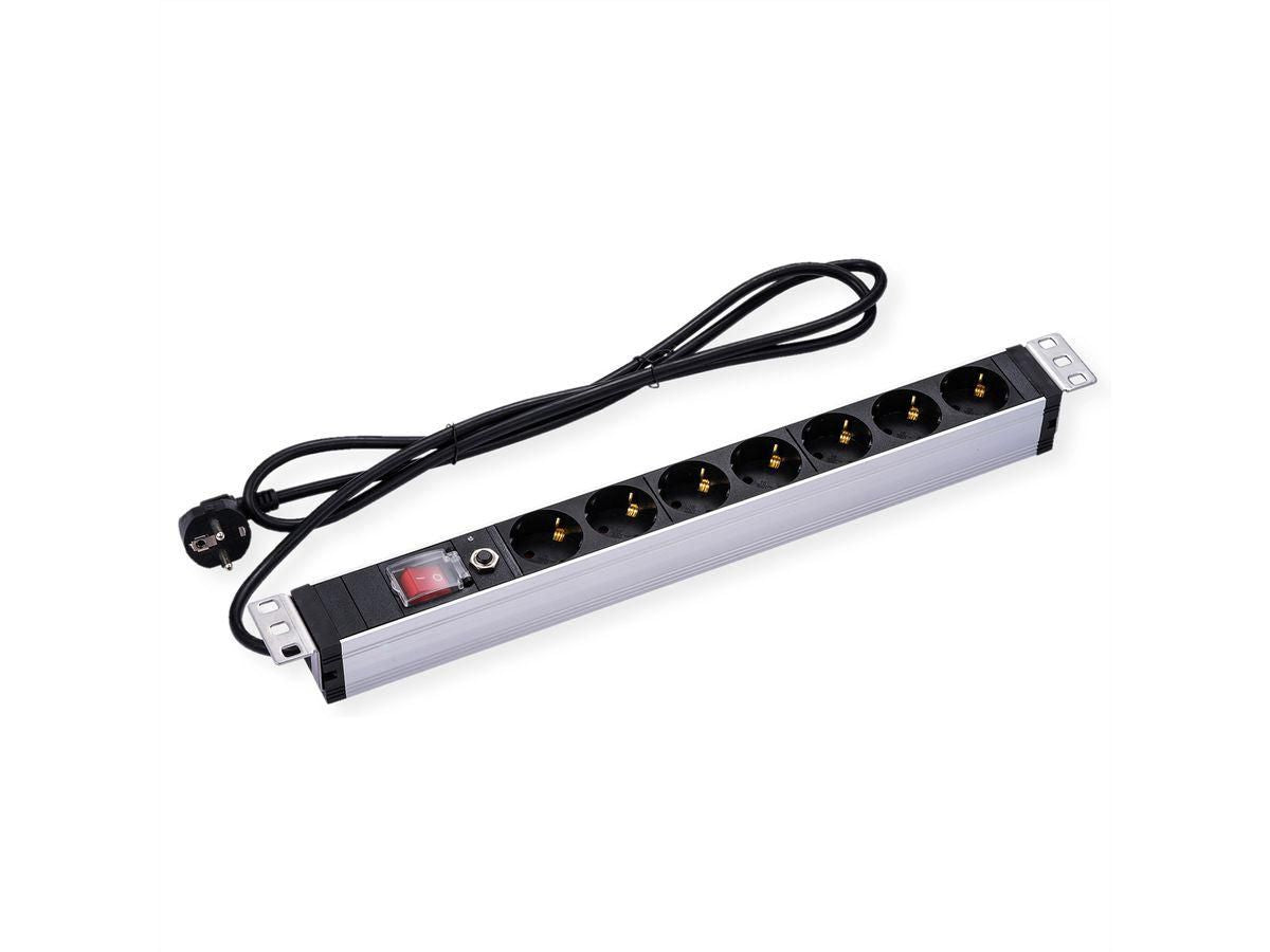 VALUE Rack-PDU – 1U, 7× Schuko (Typ F), 250 V/16 A, 3 m, mit Schalter, Aluminium/Schwarz