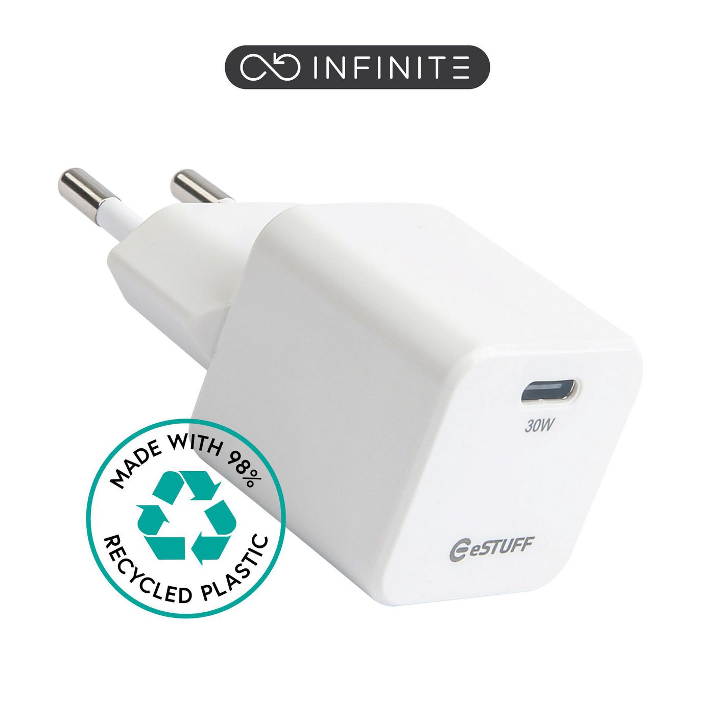 eSTUFF INFINITE (GRS) USB-Ladegerät 30 W – USB-C×1 – PD 3.0, QC 3.0, GaN – EU-Stecker (Typ C) – für Smartphone